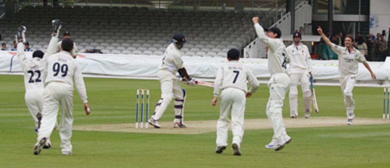 Tim Murtagh picks up his fifth wicket, Ben Scott his fifth catch, as Alex Tudor departs, Middlesex v Essex, Lord's, June 6, 2008