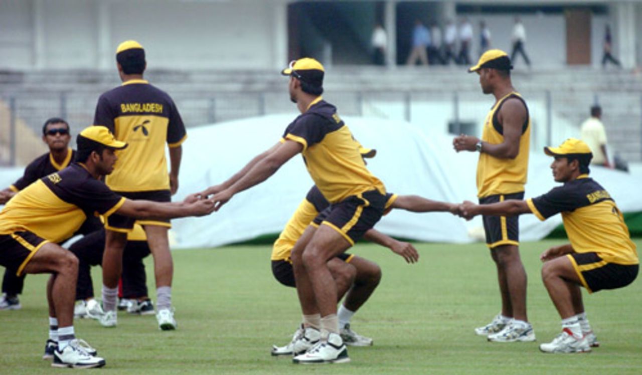 The Bangladesh team get through a few stretches, Mirpur, June 7, 2008