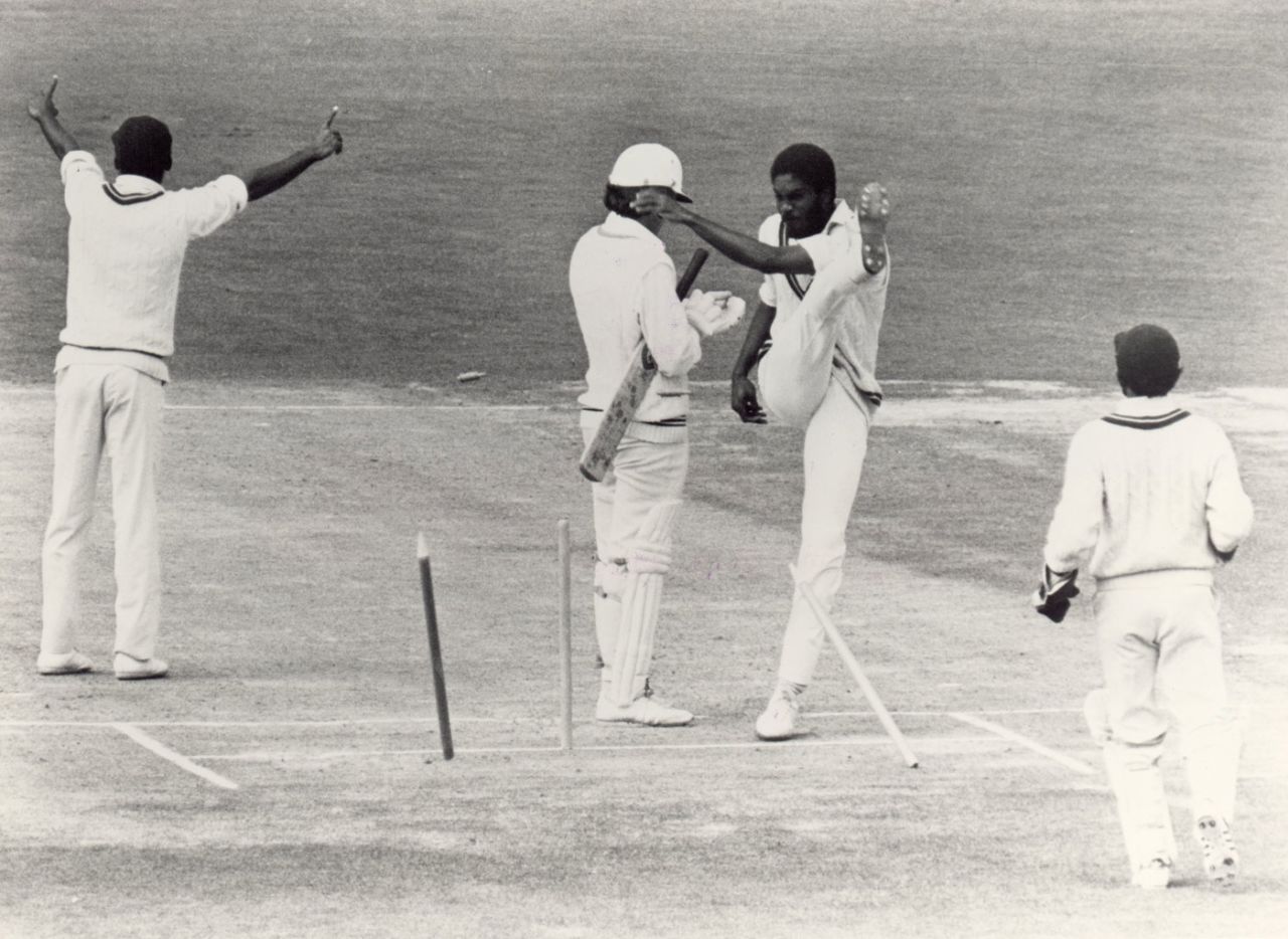 Michael Holding kicks over the stumps in frustration after a decision for caught behind is turned down during the first Test, New Zealand v West Indies, Carisbrook, Dunedin
