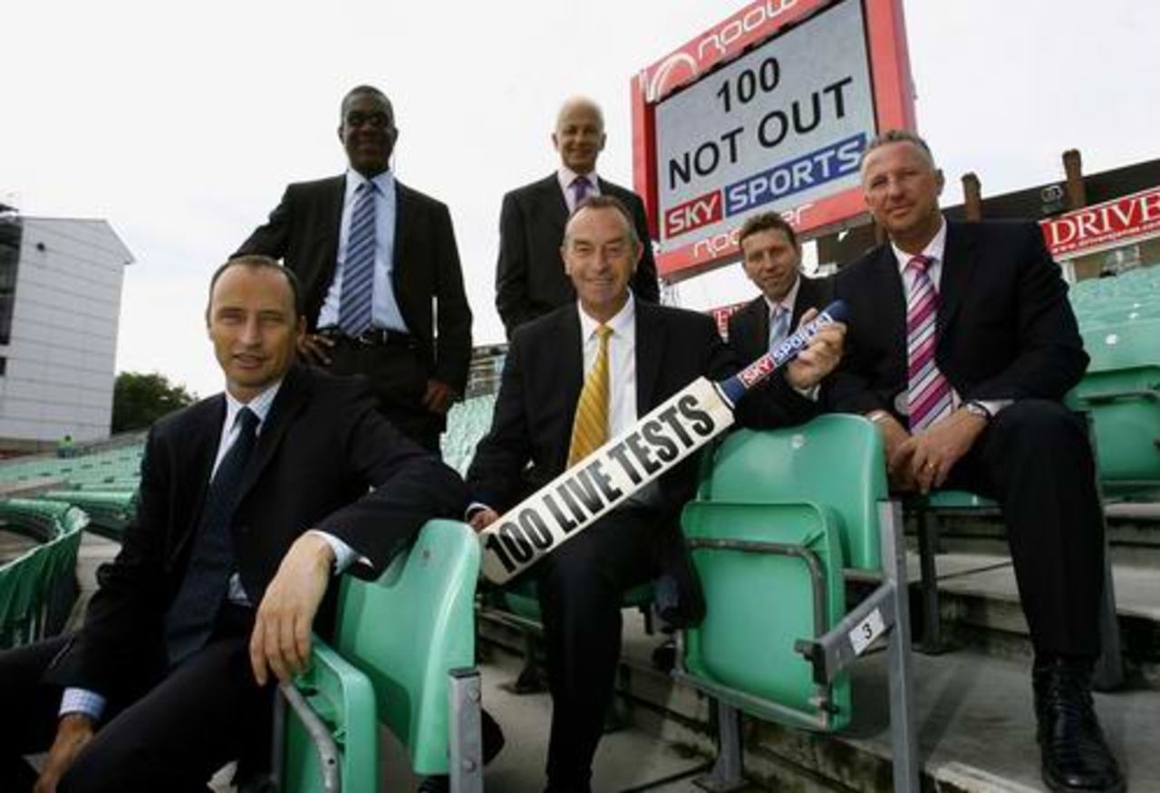 Sky commentators (back L-R) Michael Holding, David Gower, (front L-R) Nasser Hussain, David Lloyd, Michael Atherton and Ian Botham pose for a photograph as they celebrate Sky's 100th Live Test Match, England v Pakistan, fourth Test, The Oval