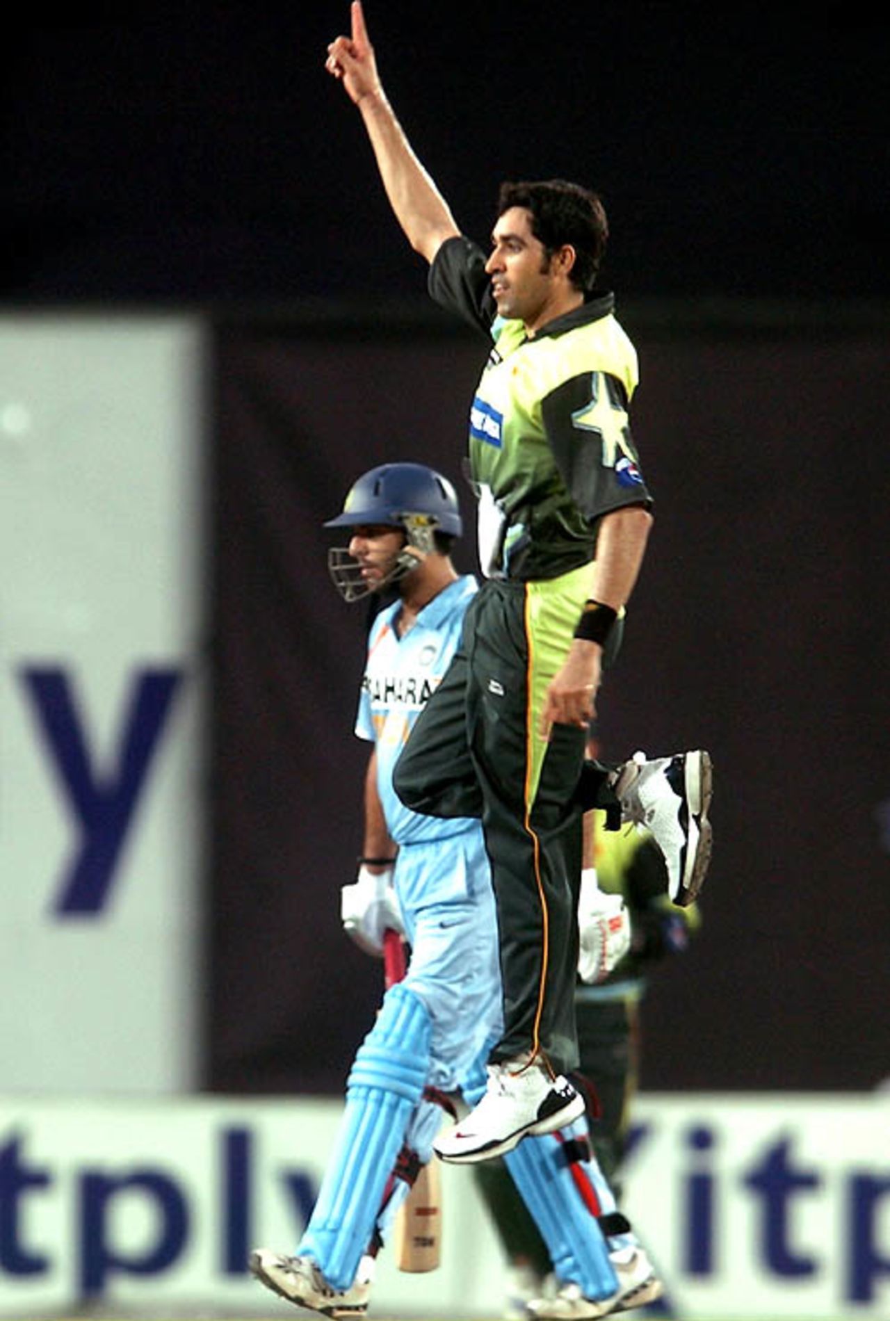 Umar Gul is in high spirits after removing Yuvraj Singh for 55, India v Pakistan, Kitply Cup, Mirpur, June 10, 2008 