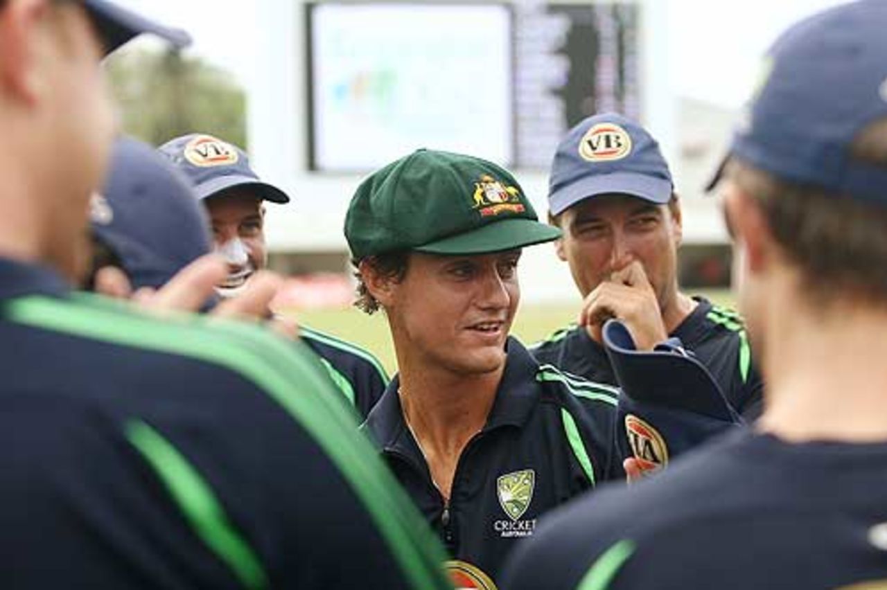 Beau Casson is surrounded by his team-mates as he receives his first Test cap, West Indies v Australia, 3rd Test, Barbados, 1st day, June 12, 2008
