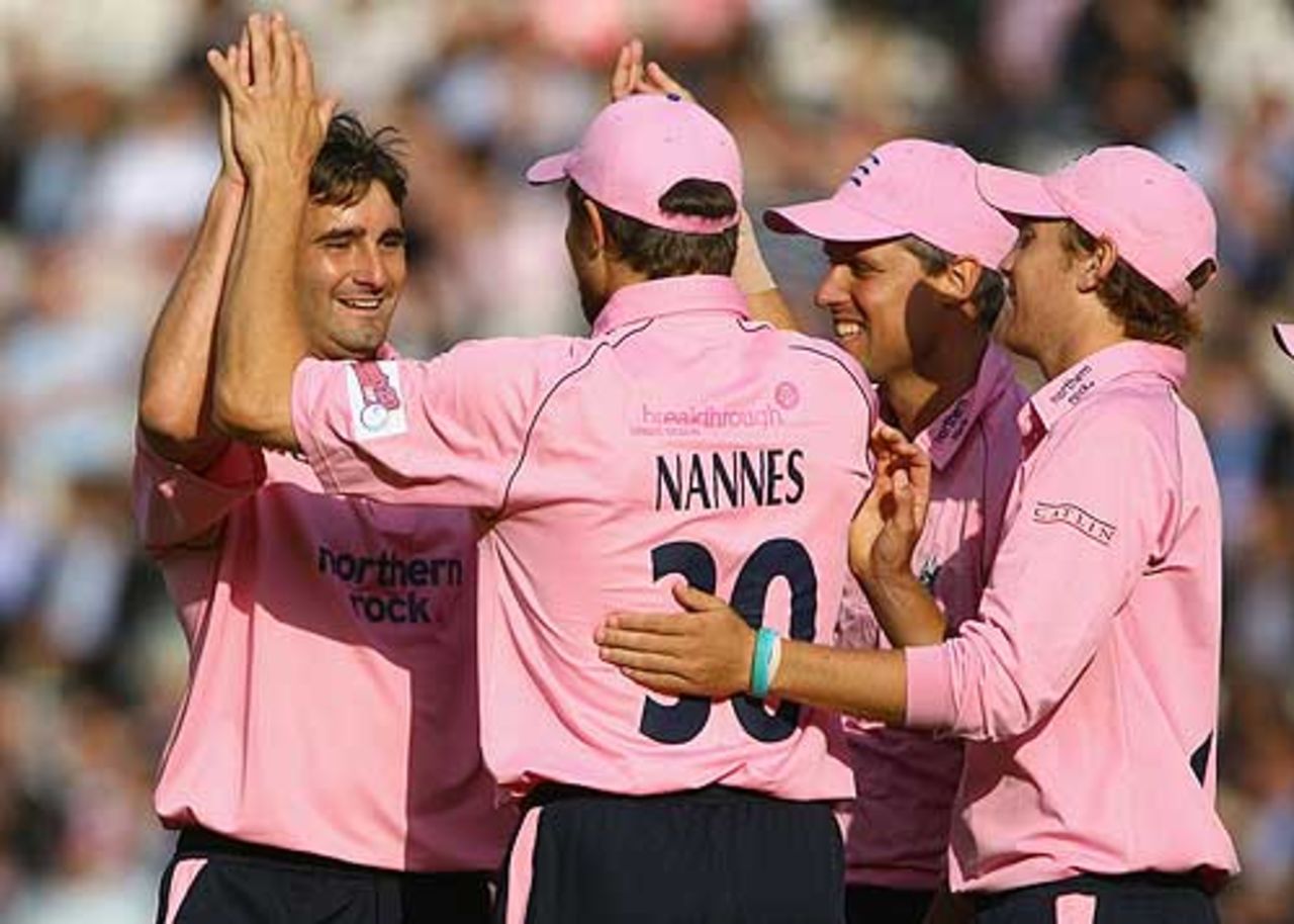 Tim Murtagh celebrates one of his three wickets with team-mates, Middlesex v Essex, Twenty20 Cup, Lord's, June 12, 2008