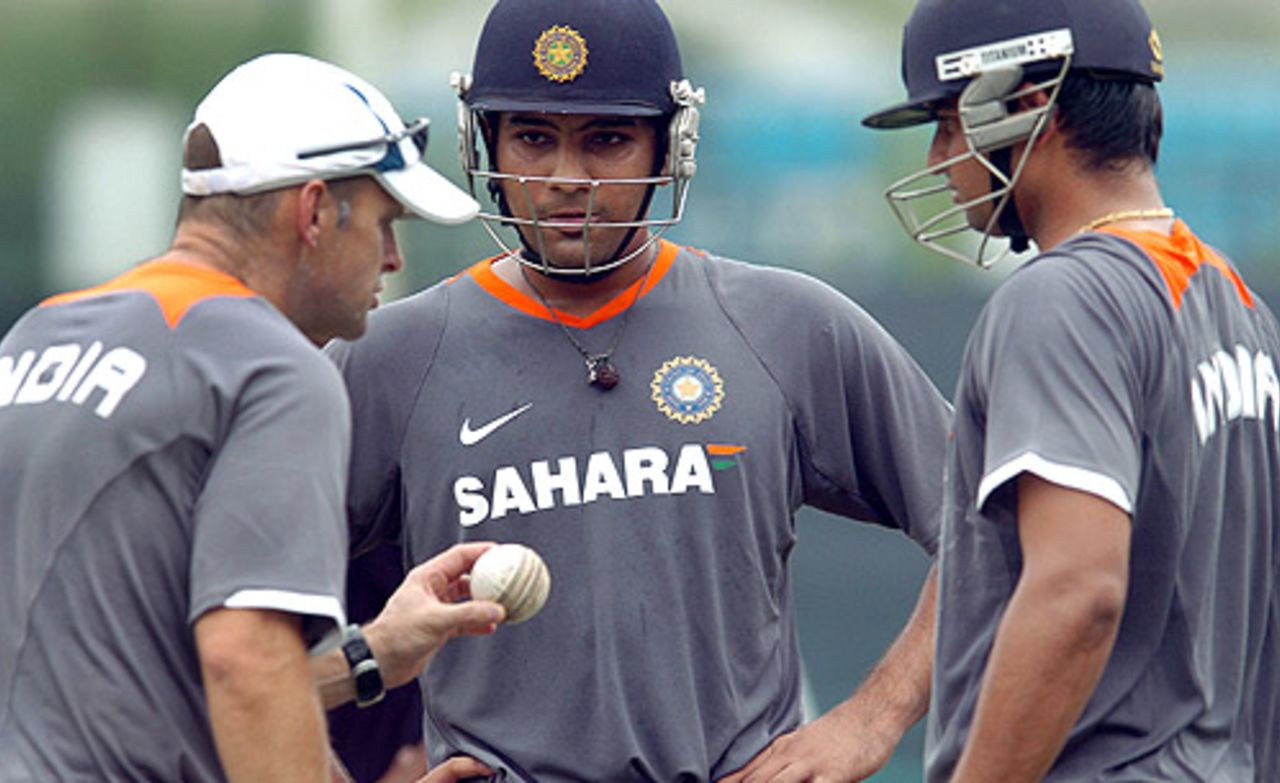 Gary Kirsten, the India coach, passes on some advice to Rohit Sharma and Suresh Raina, Mirpur, June 13, 2008