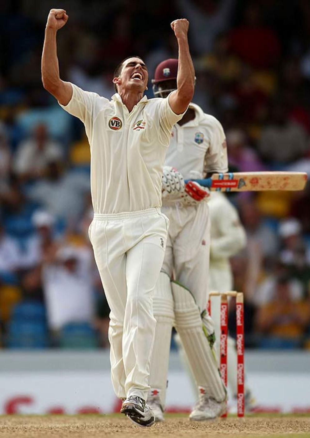 Mitchell Johnson celebrates one of his four wickets, West Indies v Australia, 3rd Test, Barbados, 2nd day, June 13, 2008