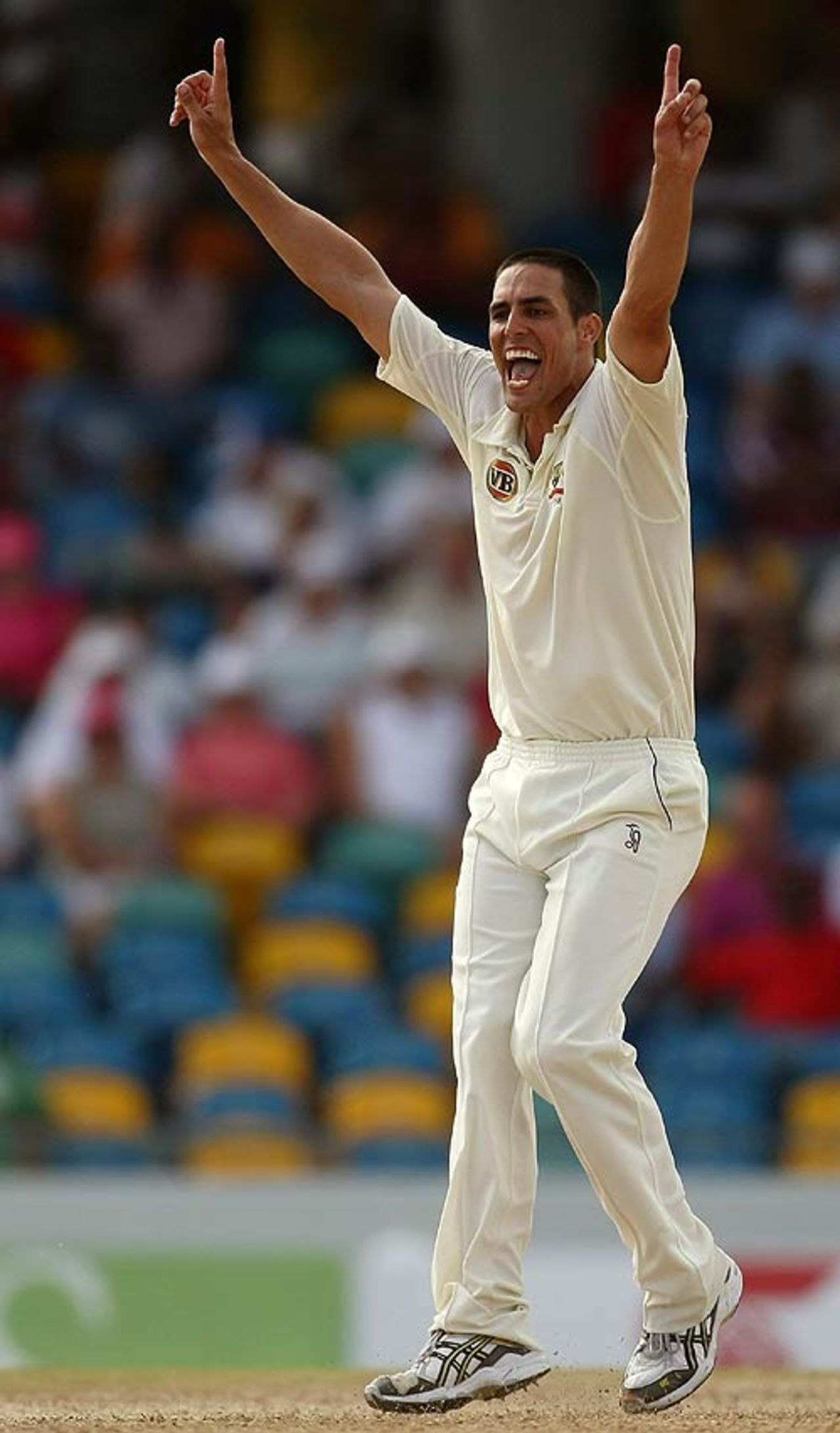 Mitchell Johnson enjoys one of his four wickets, West Indies v Australia, 3rd Test, Barbados, 2nd day, June 13, 2008