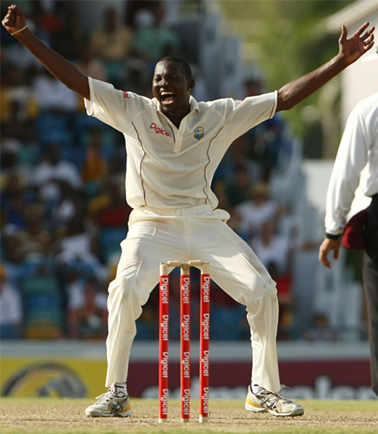 Sulieman Benn is delighted to have at last got the breakthrough with the wicket of Michael Hussey, West Indies v Australia, 3rd Test, Barbados, 3rd day, June 14, 2008