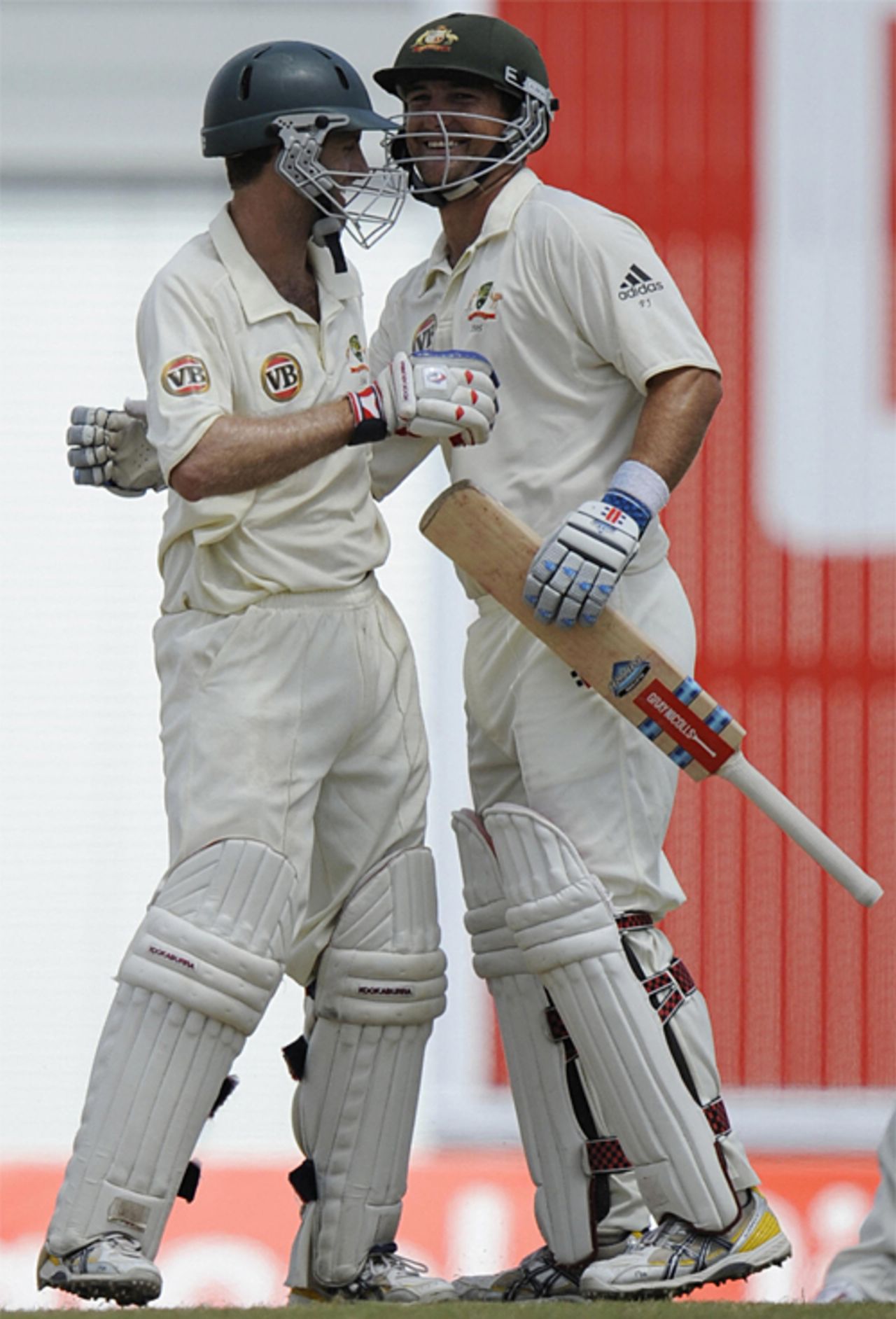 One of many celebrations for Simon Katich and Phil Jaques, who put on 223 for the first wicket, West Indies v Australia, 3rd Test, Barbados, 3rd day, June 14, 2008