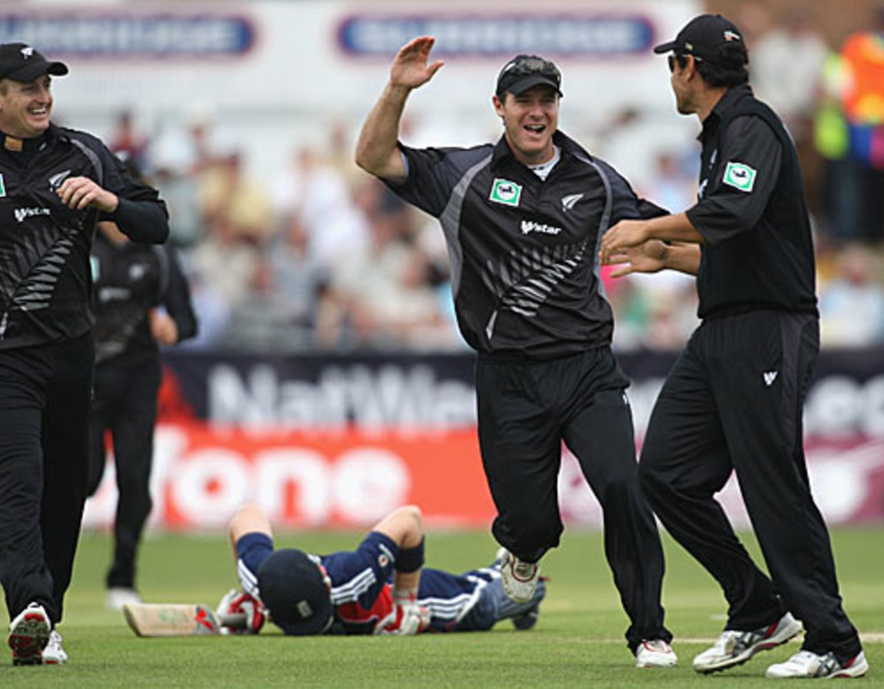 Ian Bell lies flat as New Zealand celebrate his run-out, England v New Zealand, 1st ODI, Chester-le-Street, June 15, 2008