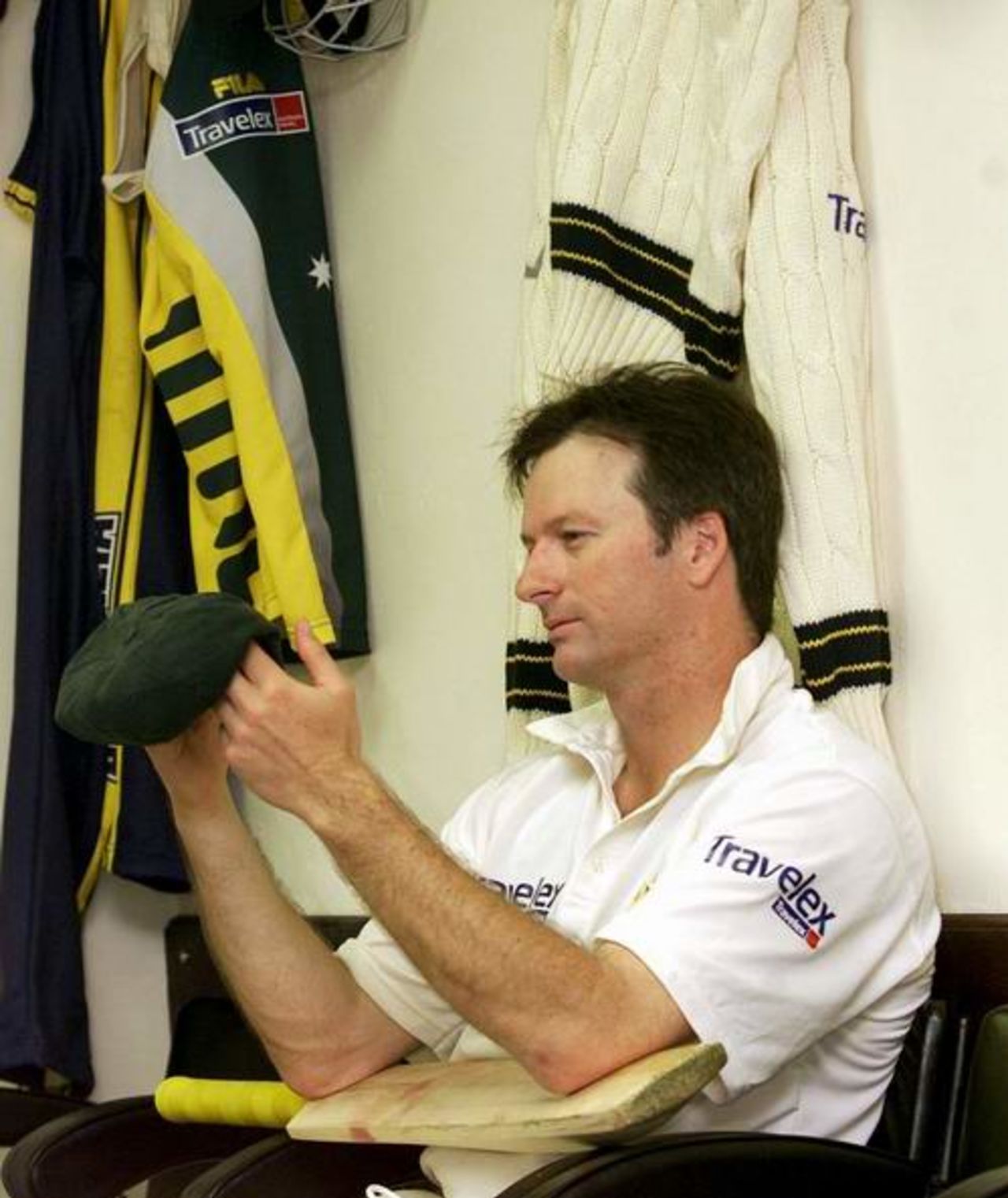 Steve Waugh of Australia inspects his baggy green in the change rooms, ahead of the first test of The Ashes, at Edgbaston