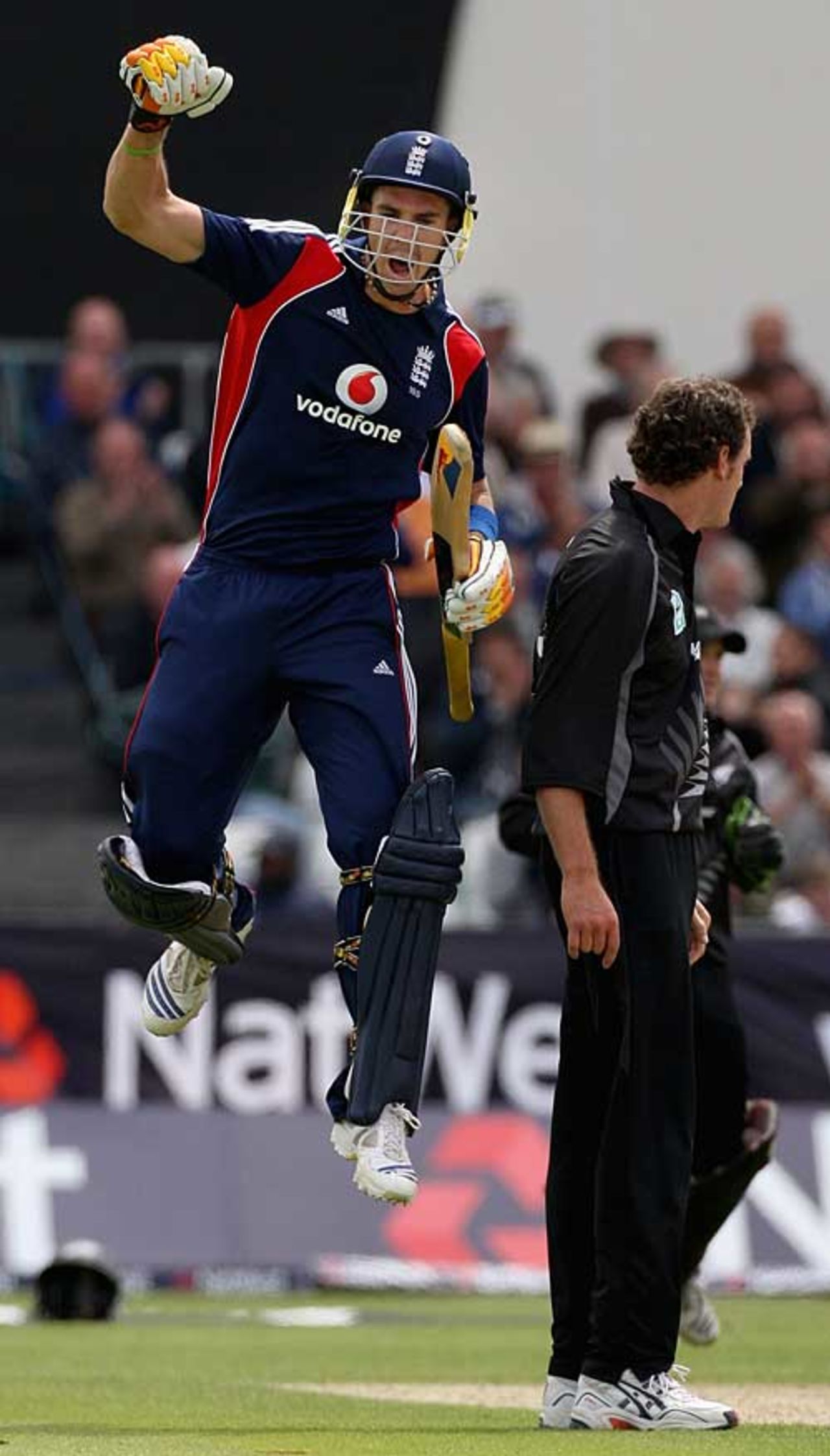 Kevin Pietersen celebrates reaching his first ODI century on home soil, England v New Zealand, 1st ODI, Chester-le-Street, June 15, 2008