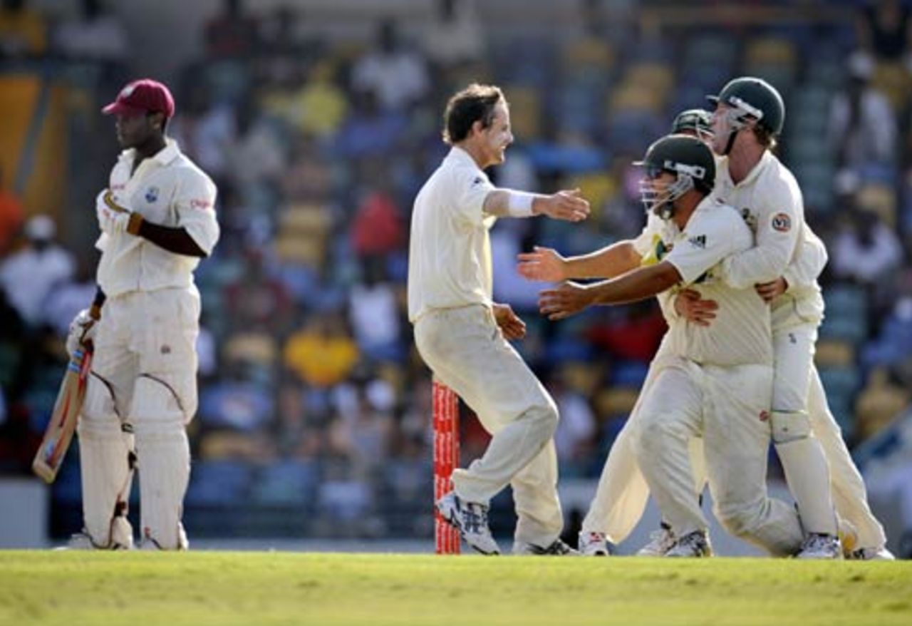 Beau Casson celebrates his first Test wicket, that of Xavier Marshall, West Indies v Australia, 3rd Test, Barbados, 4th day, June 15, 2008