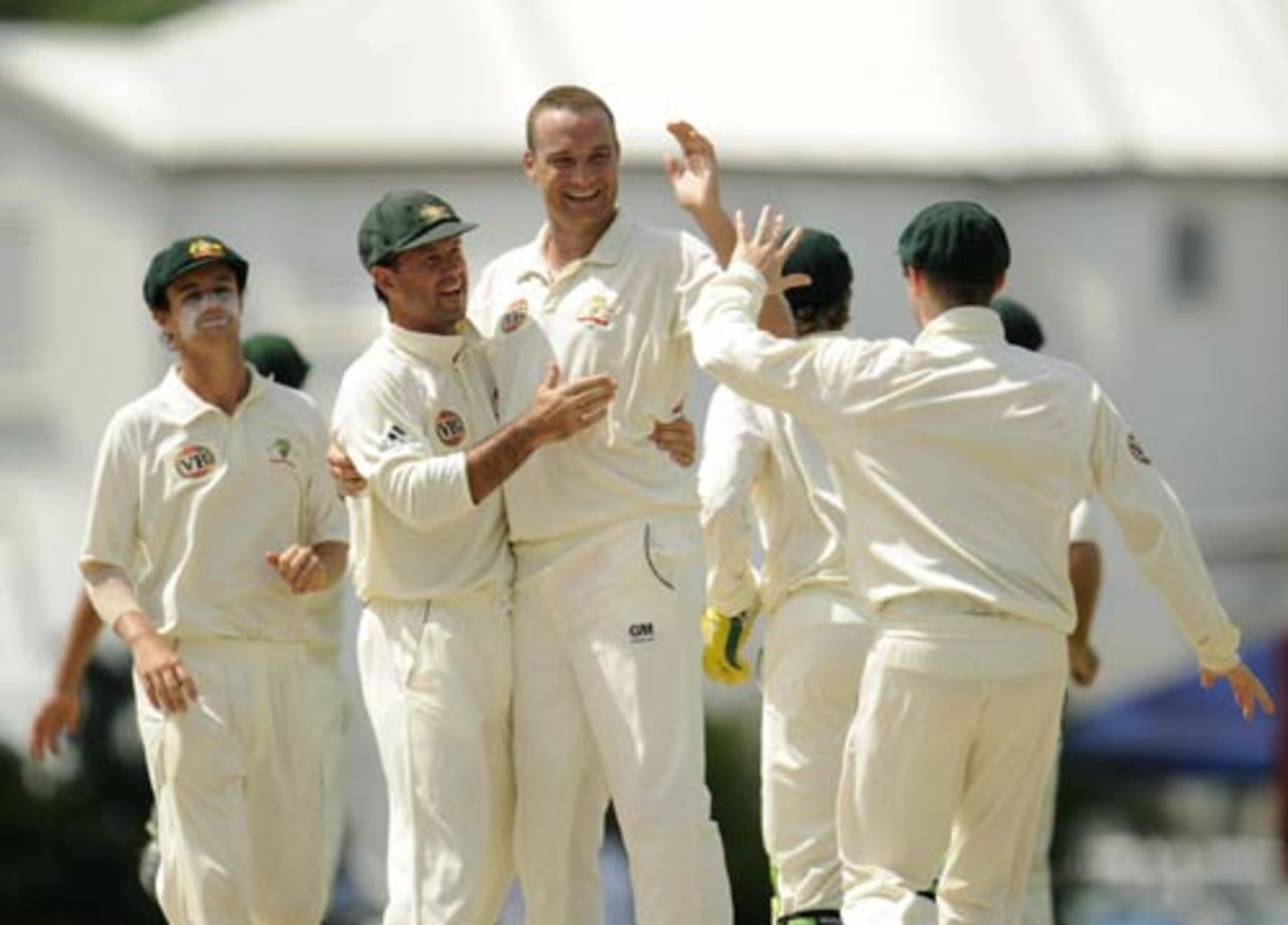 Stuart Clark celebrates the wicket of Chris Gayle, West Indies v Australia, 3rd Test, Barbados, 4th day, June 15, 2008