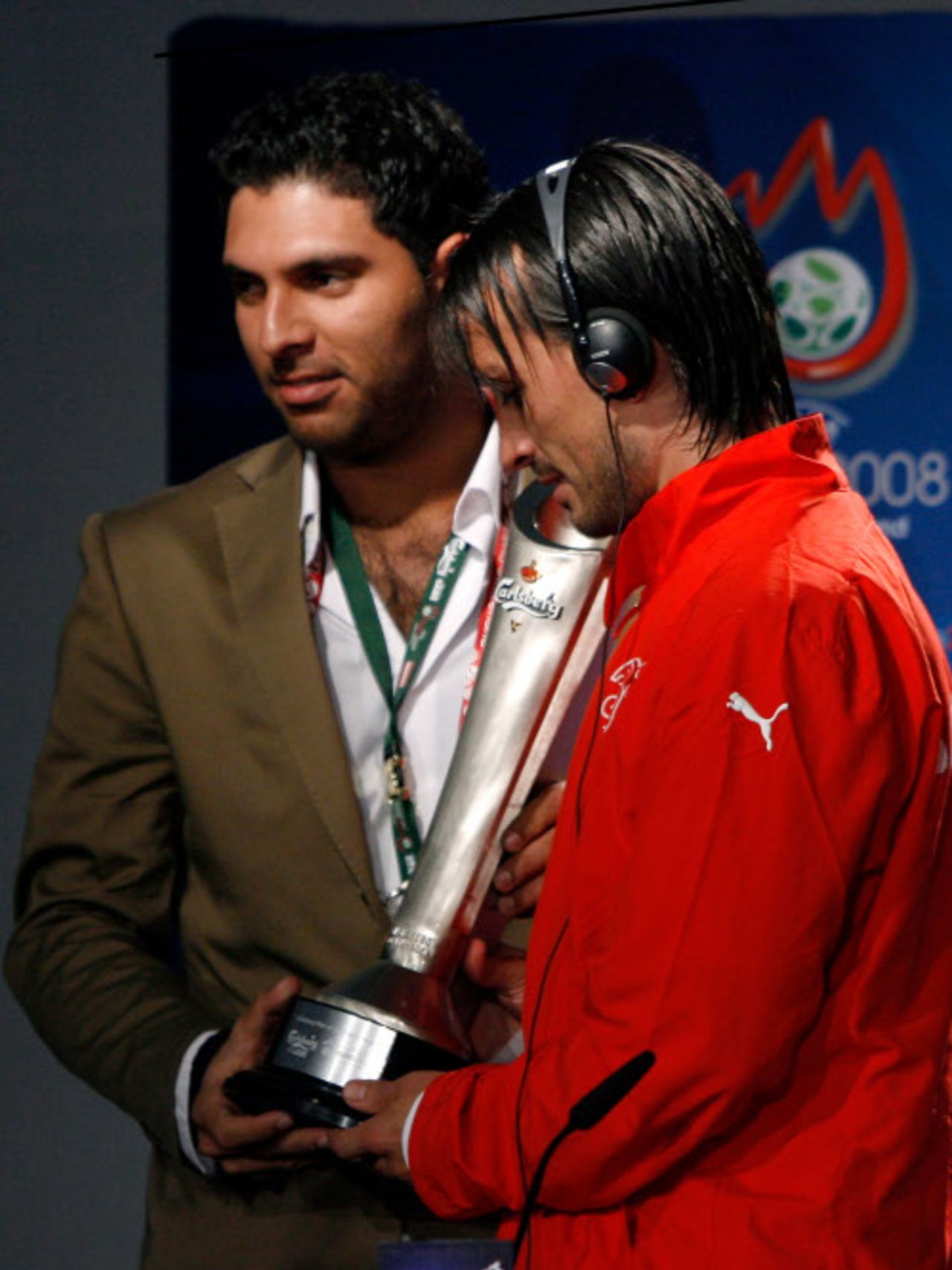 Yuvraj Singh, who was invited to watch a Euro 2008 game, with Swiss footballer Hakan Yakin, June 15, 2008 