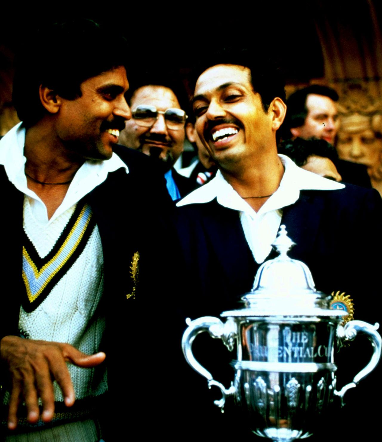 Kapil Dev and Mohinder Amarnath are all smiles after winning the Cup, June 25, 1983