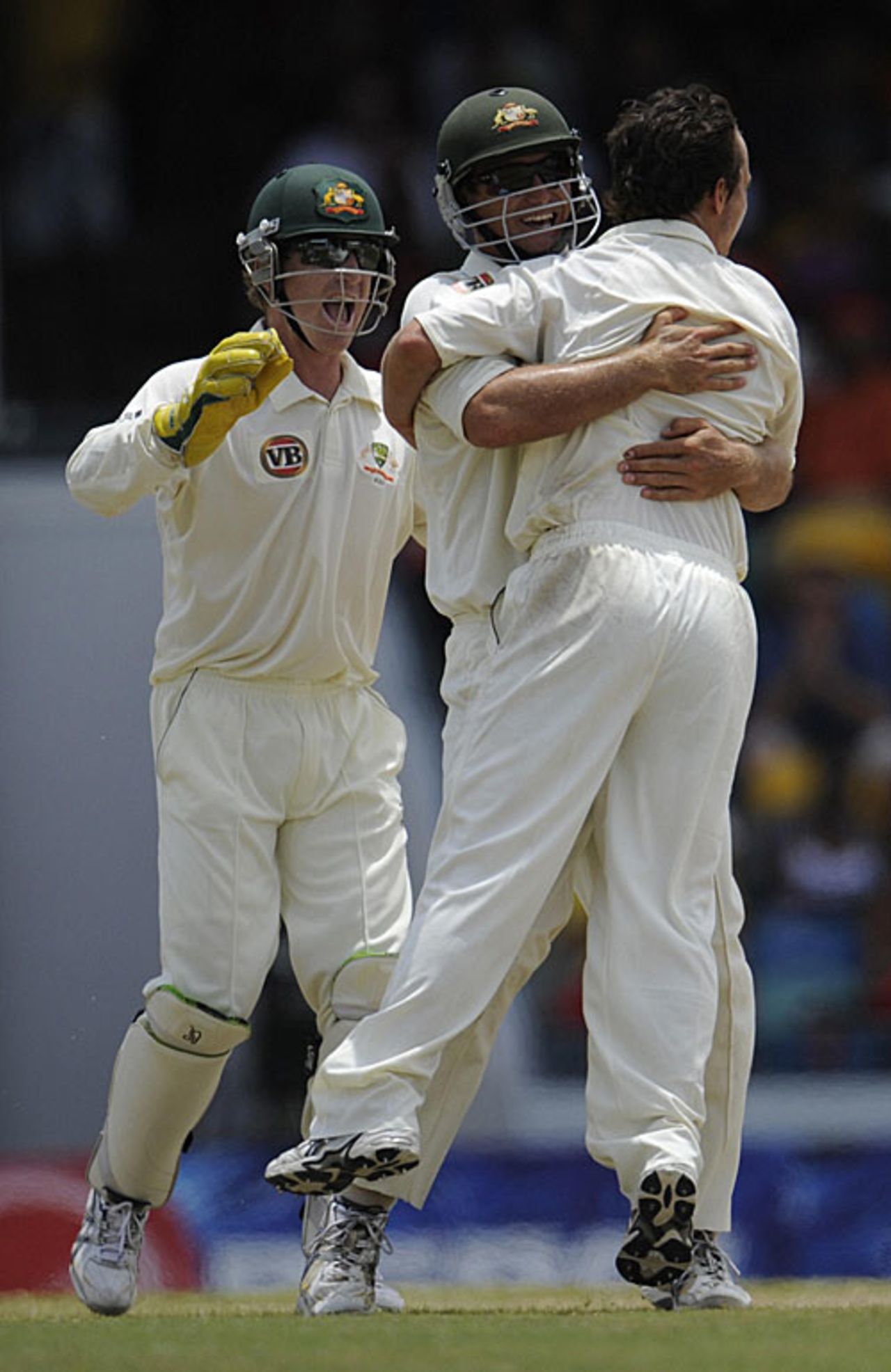 Beau Casson is congratulated on the wicket of Dwayne Bravo, West Indies v Australia, 3rd Test, Barbados, 5th day, June 16, 2008