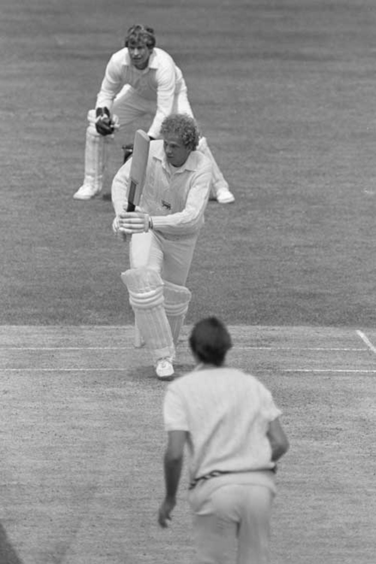 David Gower bats during the World Cup match against New Zealand at Edgbaston