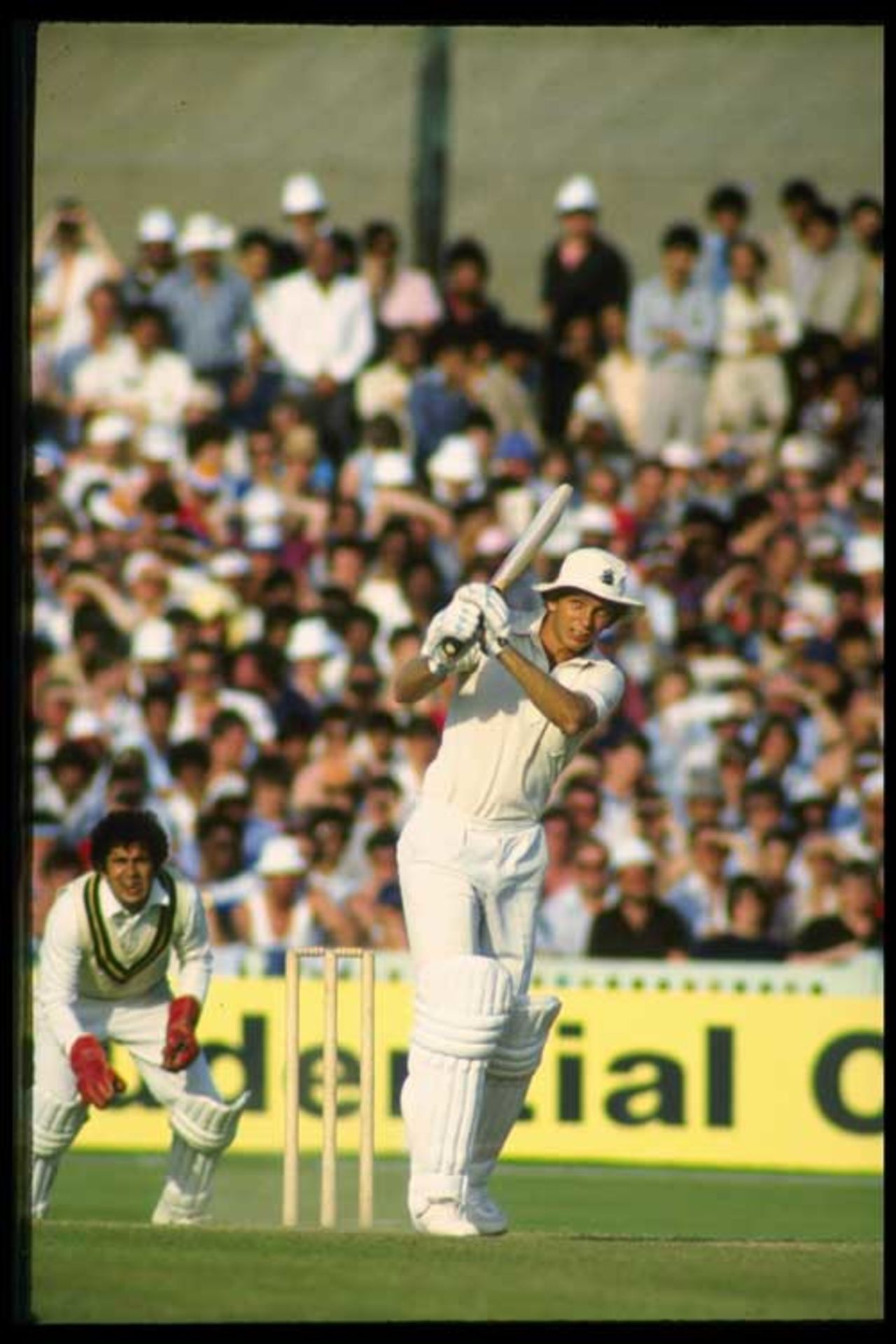David Gower on-drives during the World Cup match between England and Pakistan at Old Trafford