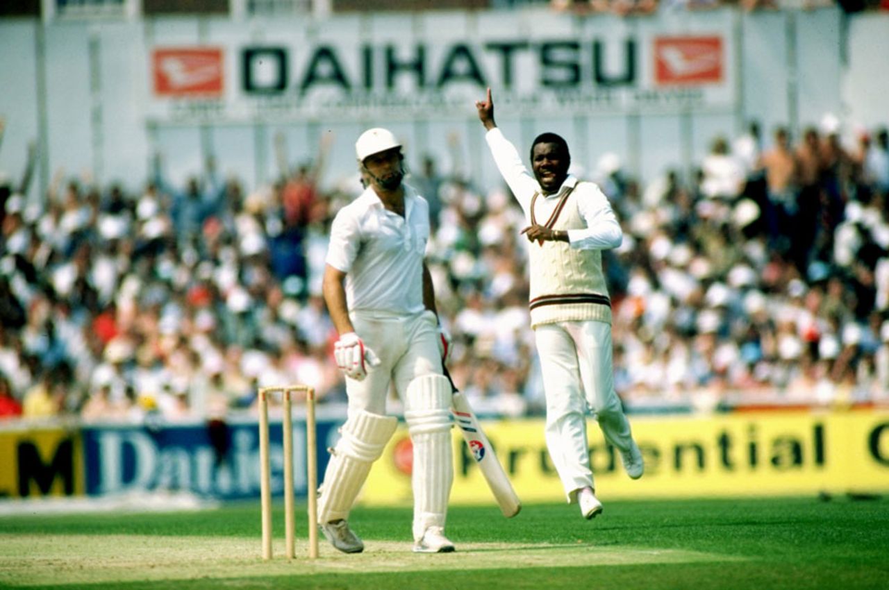 Malcolm Marshall takes the wicket of Imran Khan during the World Cup semi-final at The Oval