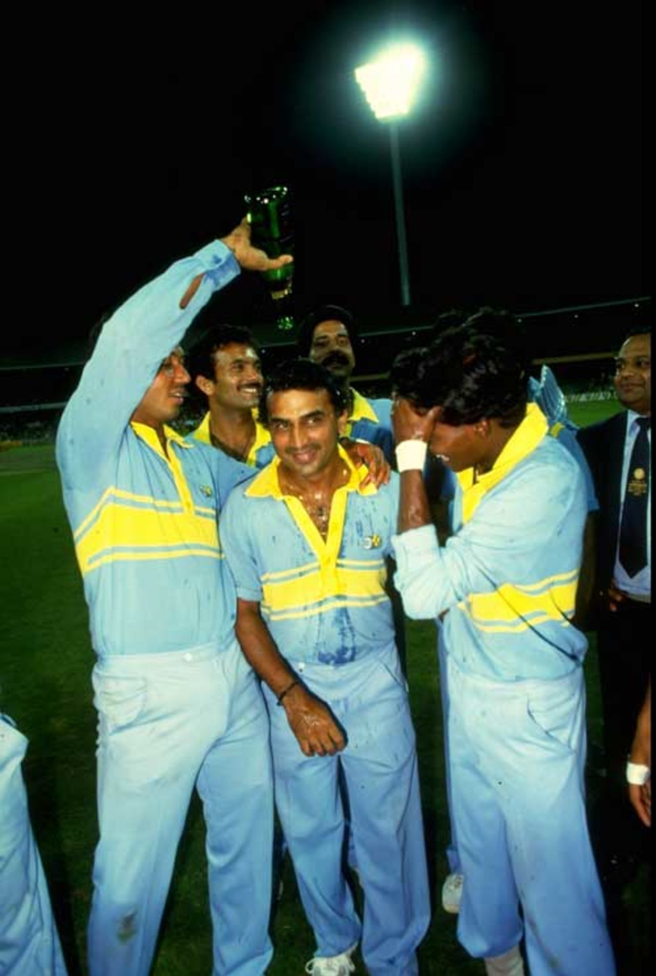 The Indian team celebrate after winning the World Championship of Cricket final against Pakistan, Melbourne, March 1, 1985