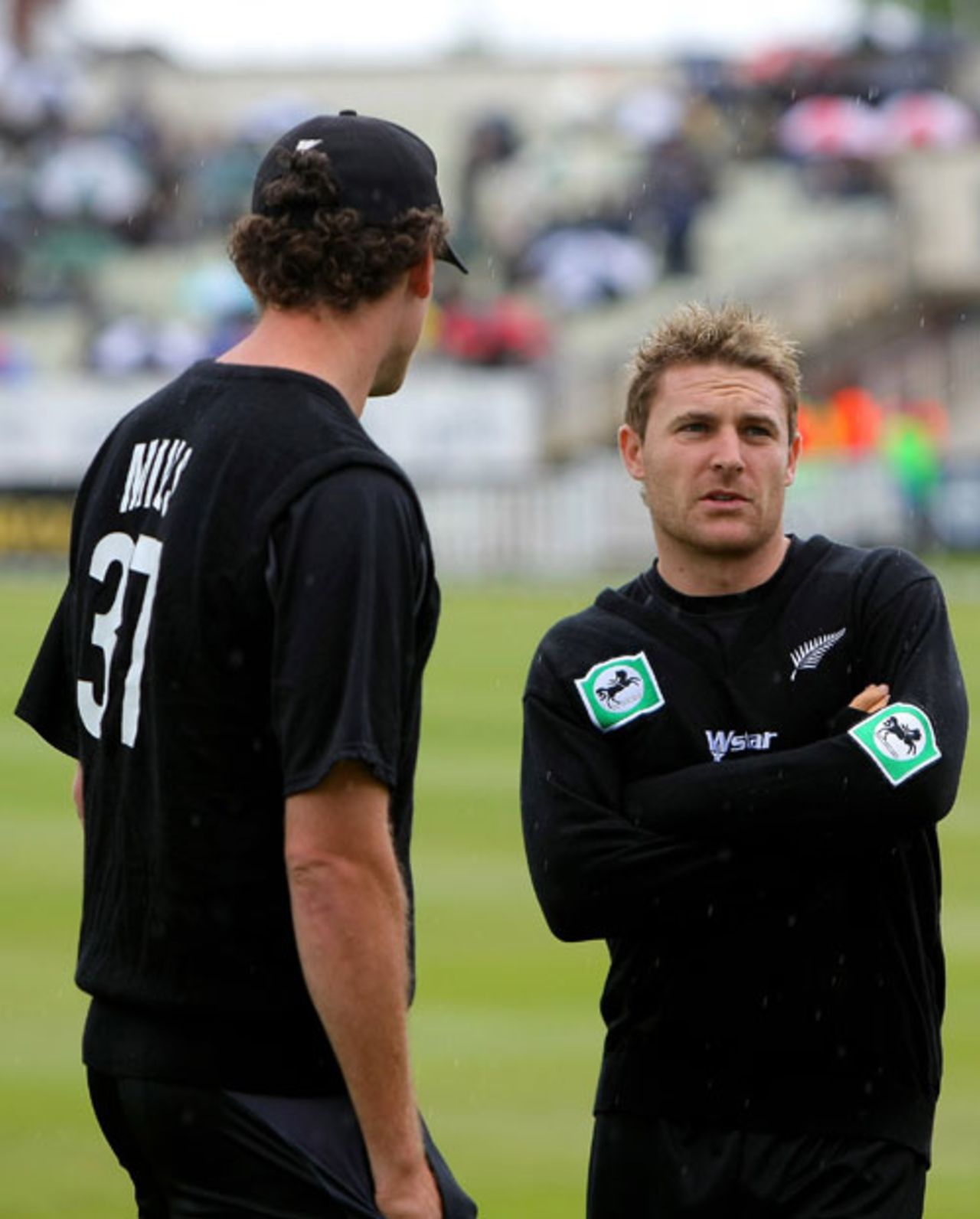 Kyle Mills and Brendon McCullum wait in the rain as the start of play is delayed, England v New Zealand, 2nd ODI, Edgbaston, June 18, 2008