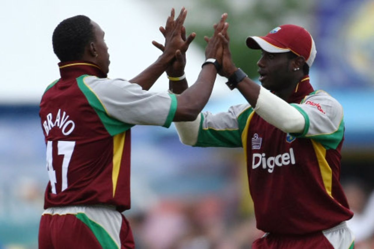 Dwayne Bravo and Xavier Marshall celebrate a breakthrough, West Indies v Australia, Twenty20, Barbados, June 20, 2008
