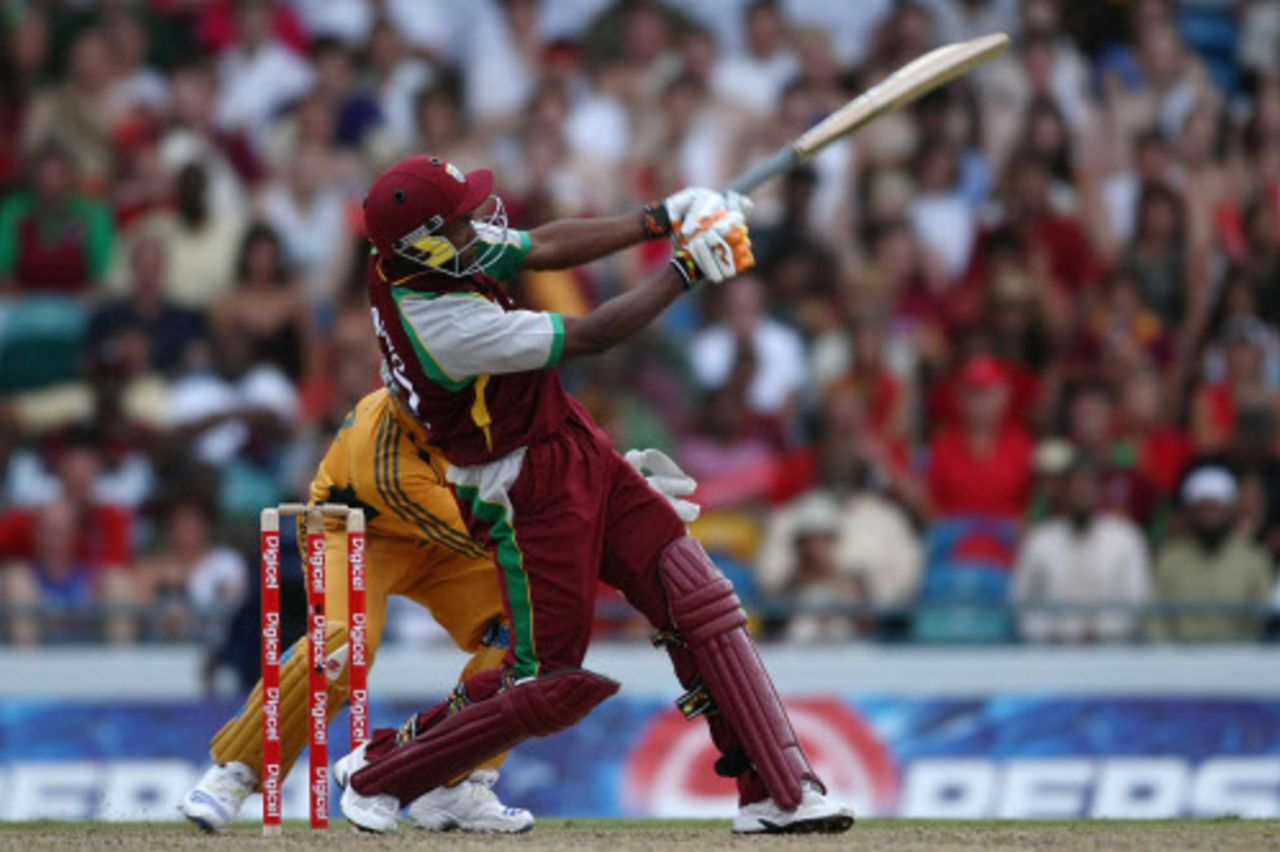 Dwayne Bravo strikes on of his three sixes, West Indies v Australia, Twenty20, Barbados, June 20, 2008