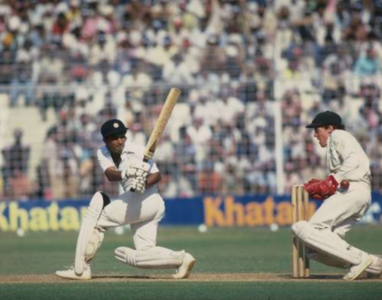 Sunil Gavaskar of India sweeps during his century, sixth Test, India v Australia, Bombay