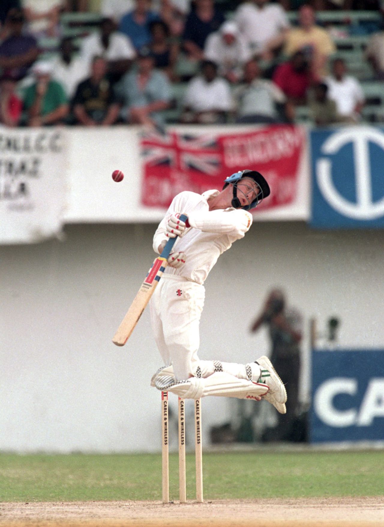 Mike Atherton jumps and sways out of the line of a bouncer, West Indies v England, 1st Test, Sabina Park, 