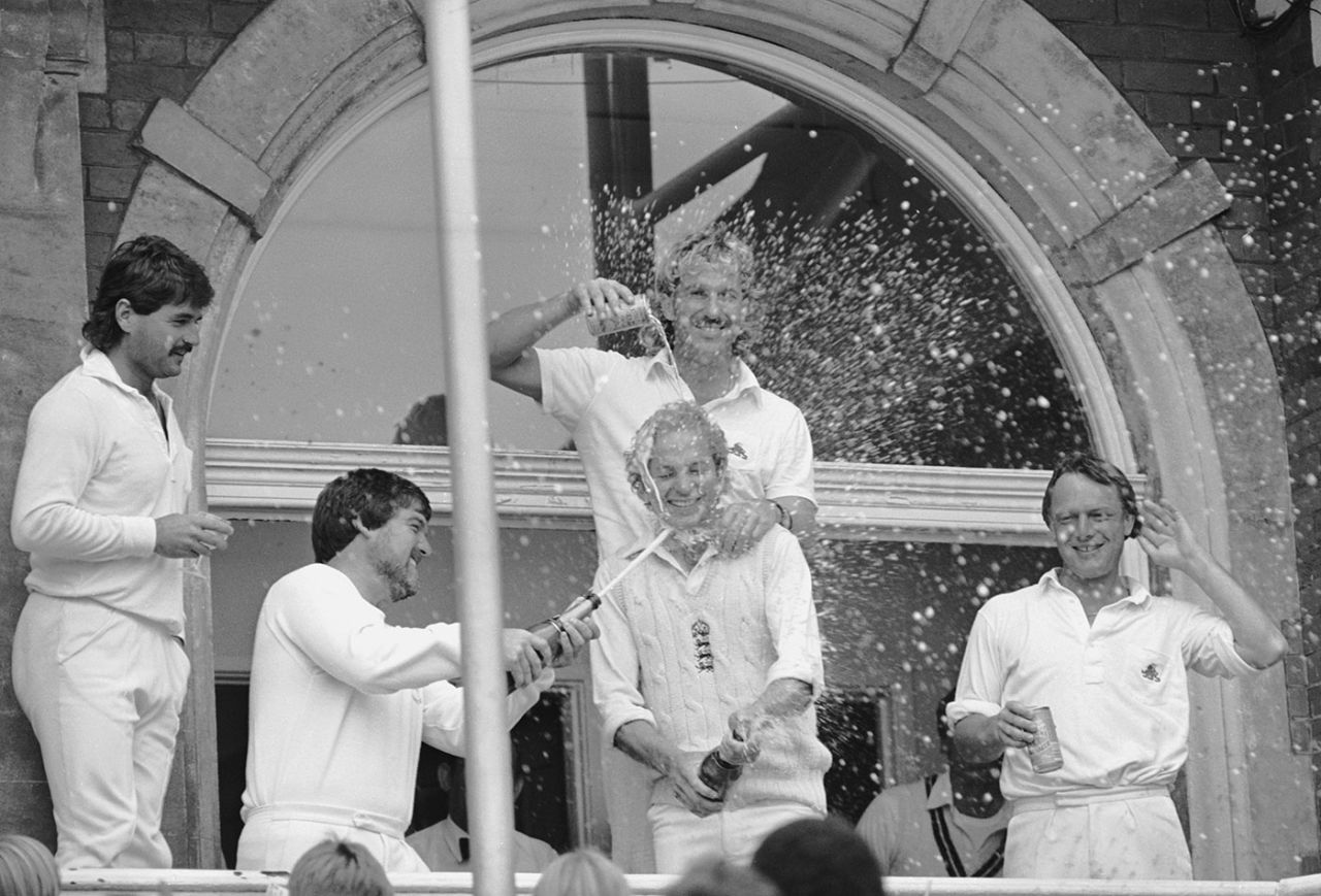 Ian Botham and Mike Gatting give David Gower a champagne bath, England v Australia, 6th Test, The Oval, September 1985