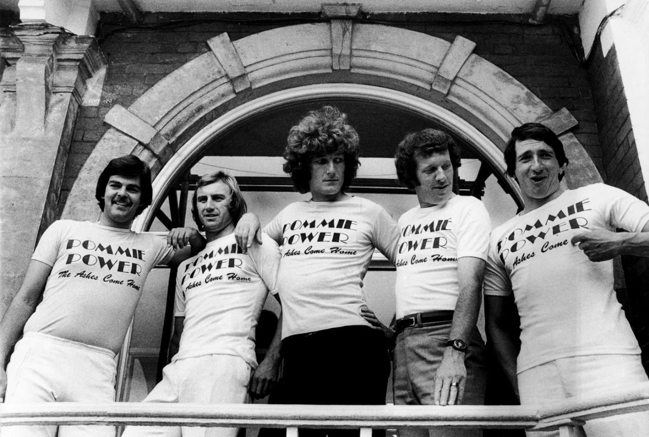 Geoff Miller, John Lever, Bob Willis, Graham Roope and Derek Randall pose in Ashes t-shirts, 1977