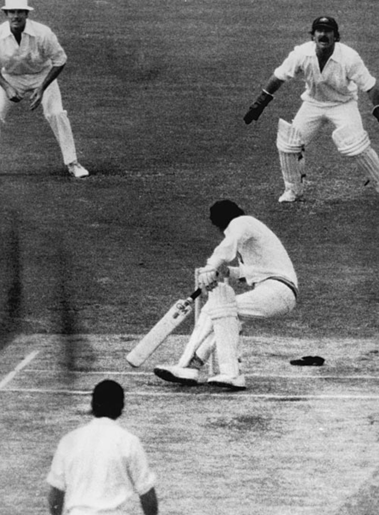 Derek Randall gets hit by a bouncer from Dennis Lillee during the Centenary Test, MCG, March 1977