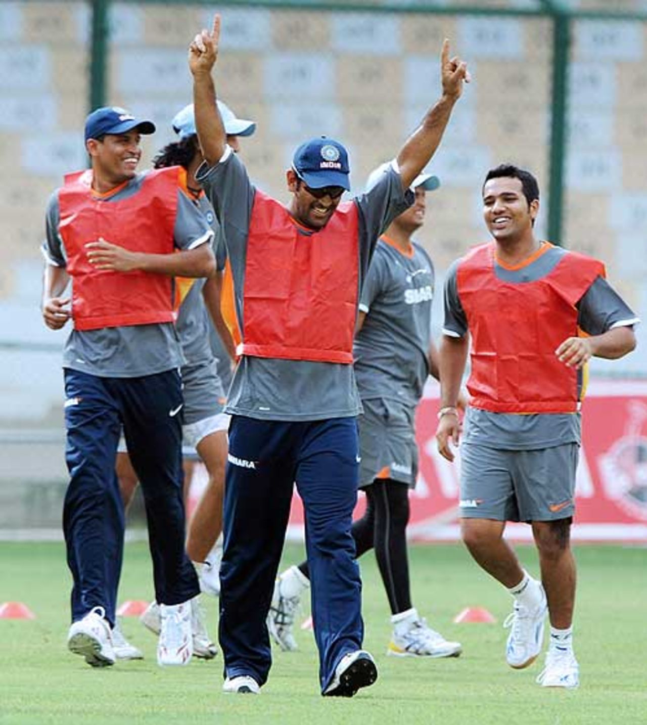 Mahendra Singh Dhoni leads a fielding drill at the National Stadium, Karachi, June 23, 2008