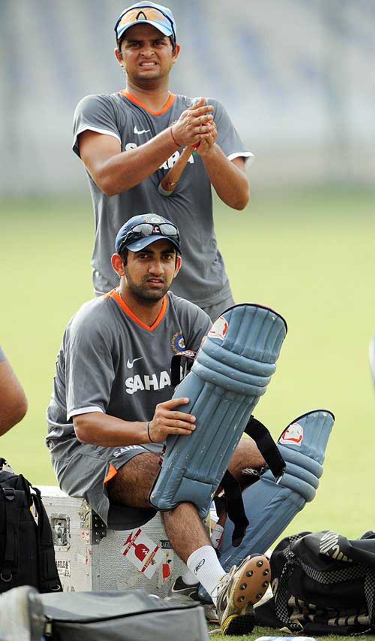 Suresh Raina and Gautam Gambhir wait their turn during practice at the National Stadium, Karachi, June 23, 2008