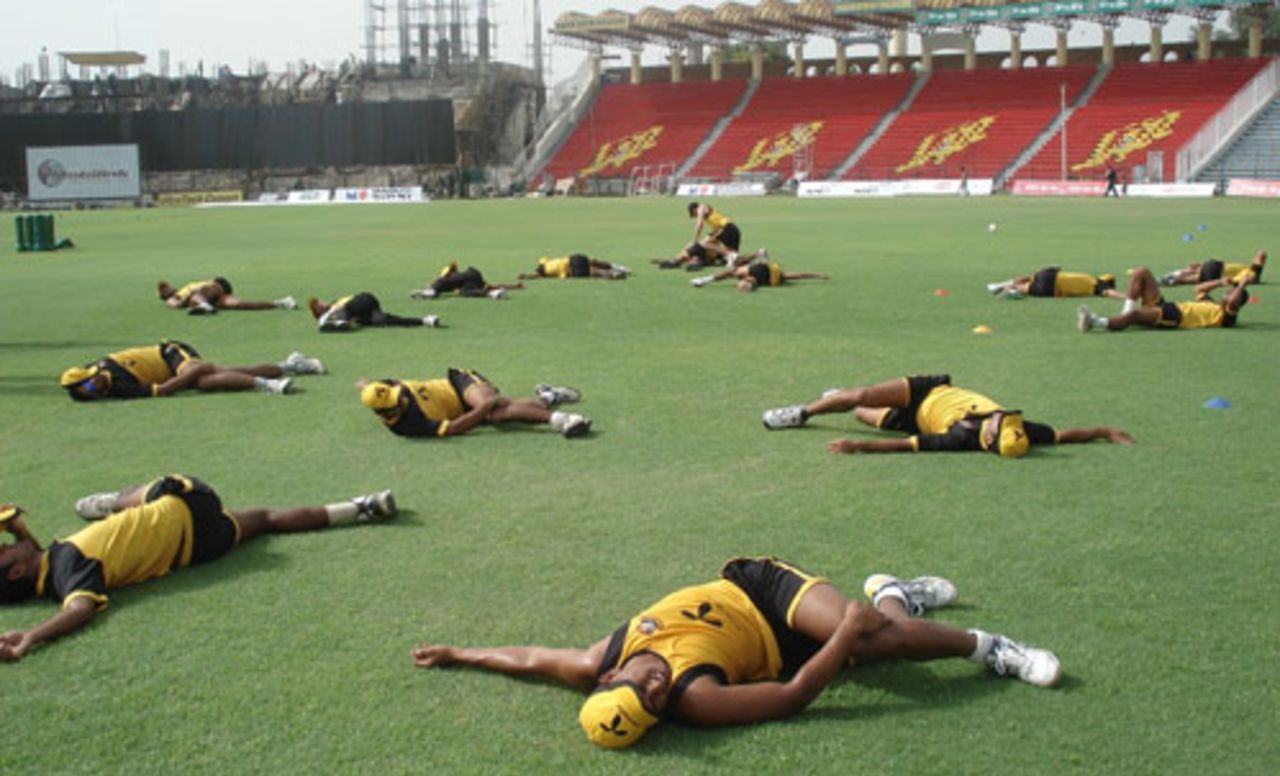 The Bangladesh team stretching after their practice session, Lahore, June 23, 2008