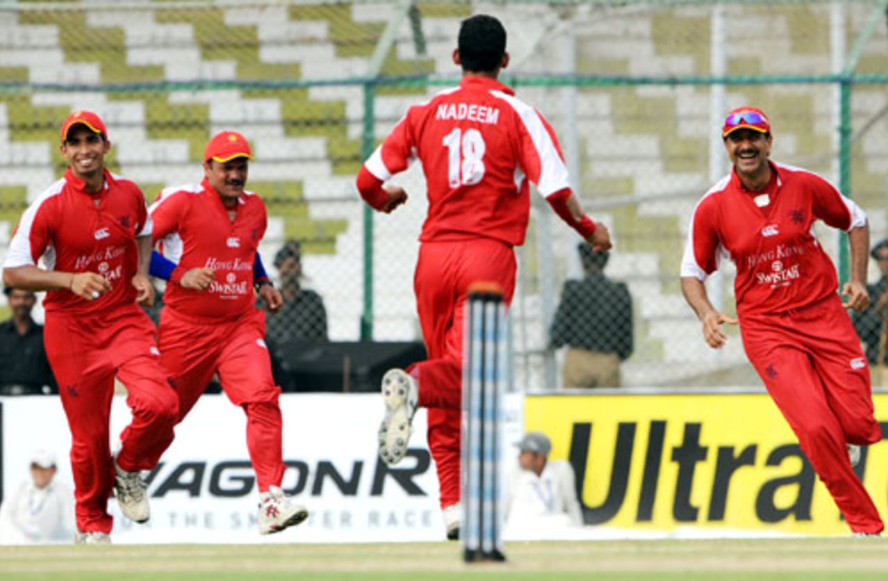 The Hong Kong players celebrate after Mohammad Yousuf fell to Nadeem Ashraf, Pakistan v Hong Kong, Asia Cup, Karachi, June 24, 2008