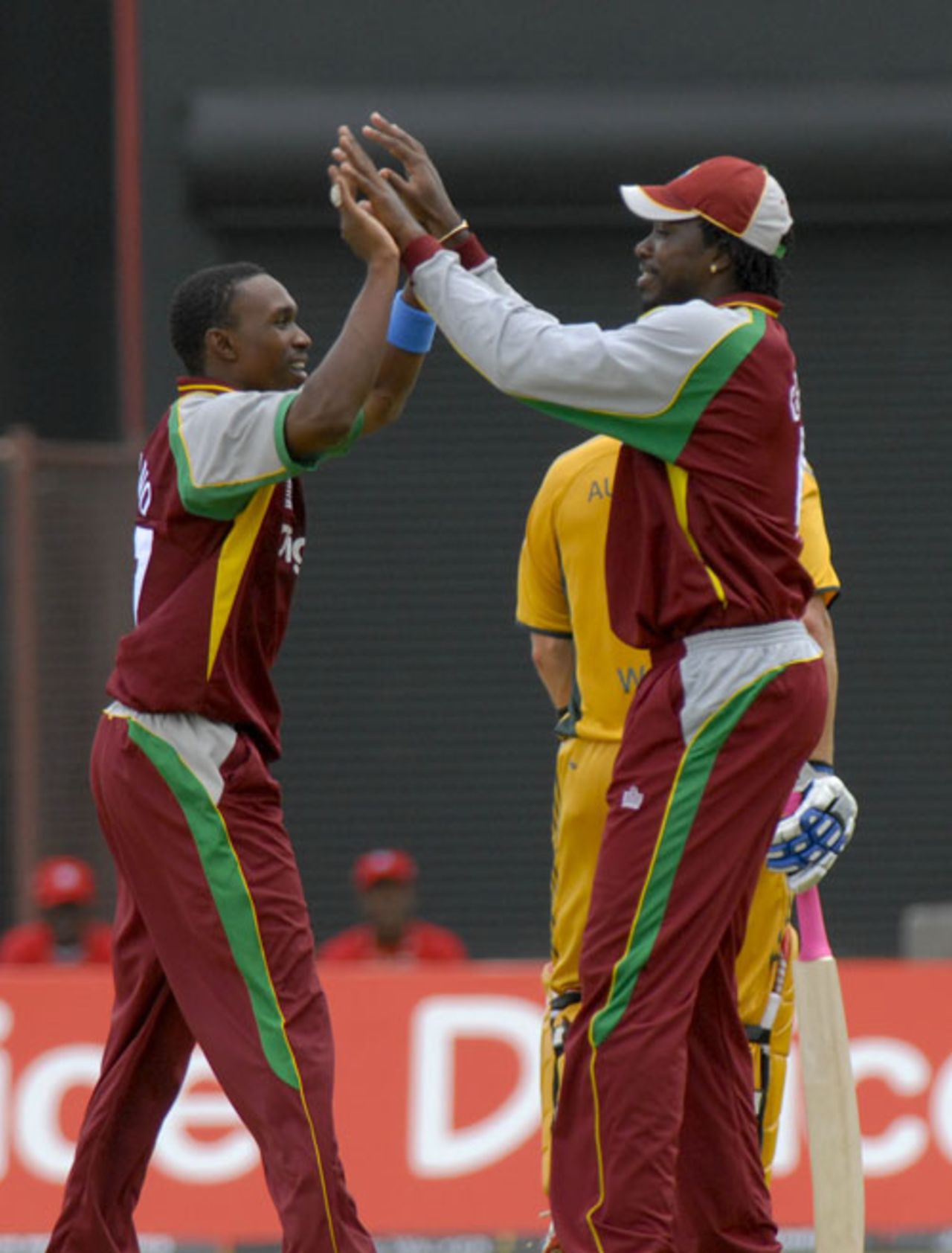 Dwayne Bravo and Chris Gayle celebrate a wicket, West Indies v Australia, 1st ODI, St Vincent, June 24, 2008