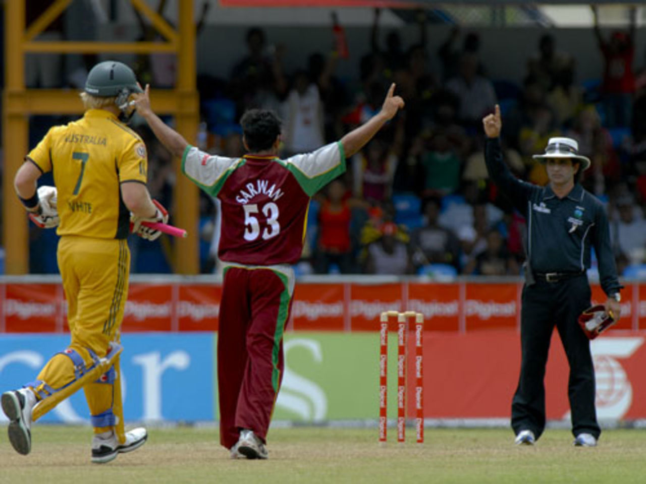 Ramnaresh Sarwan celebrates trapping Cameron White lbw, West Indies v Australia, 1st ODI, St Vincent, June 24, 2008