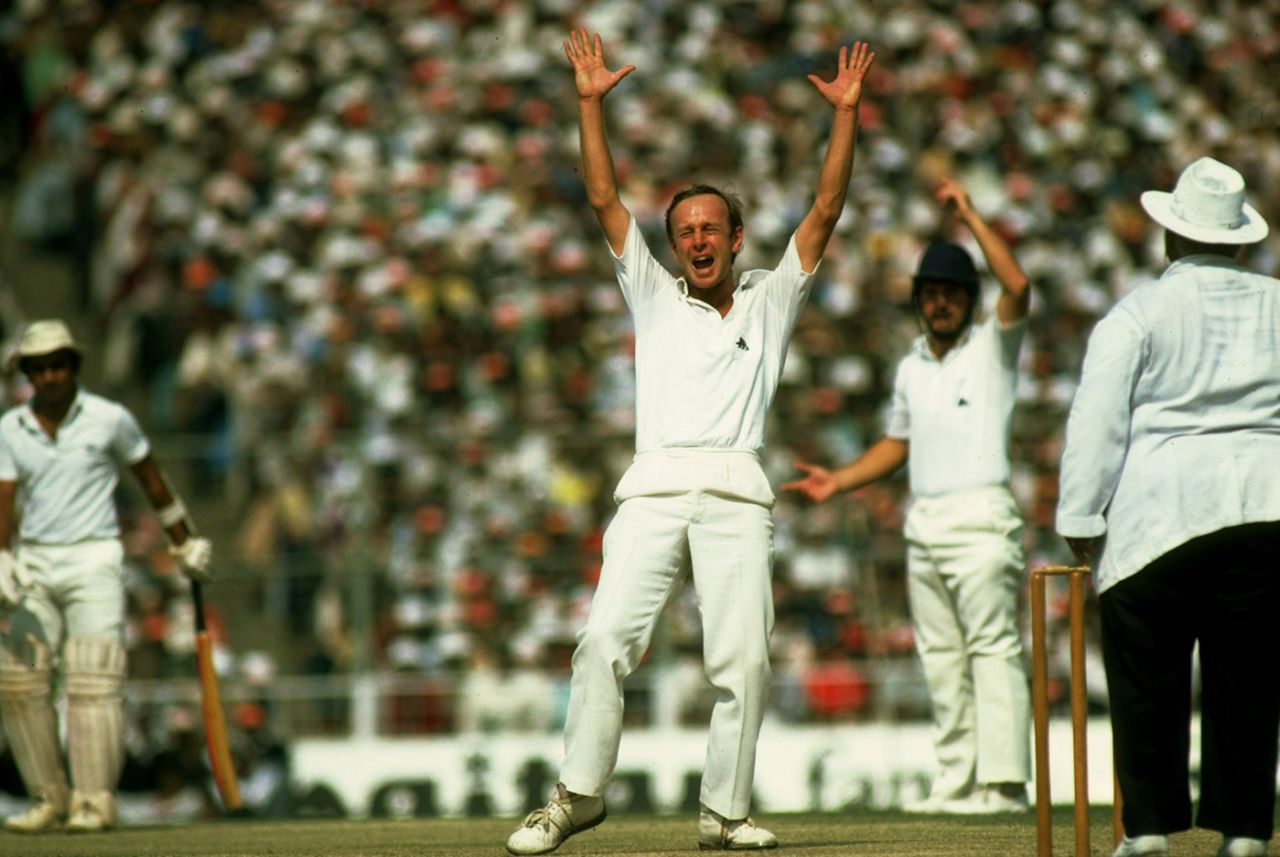 Derek Underwood appeals for a lbw against Sunil Gavaskar, India v England, third Test, Delhi, 1981