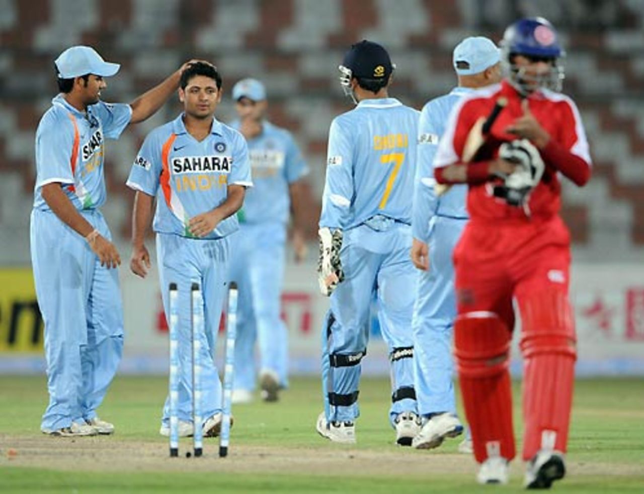 Piyush Chawla celebrates with the wicket of Tabarak Dar, Hong Kong v India, Group B, Asia Cup, Karachi, June 25, 2008