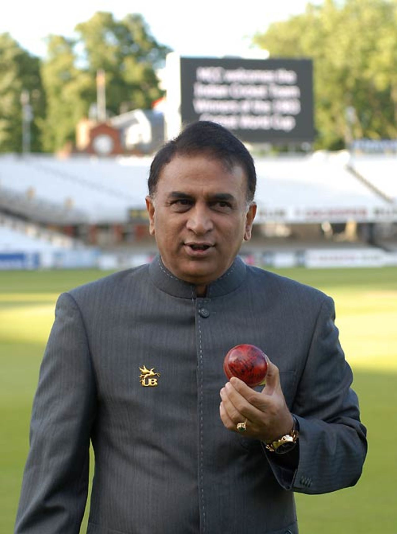 Sunil Gavaskar displays the ball used in the 1983 World Cup final, London, June 25, 2008