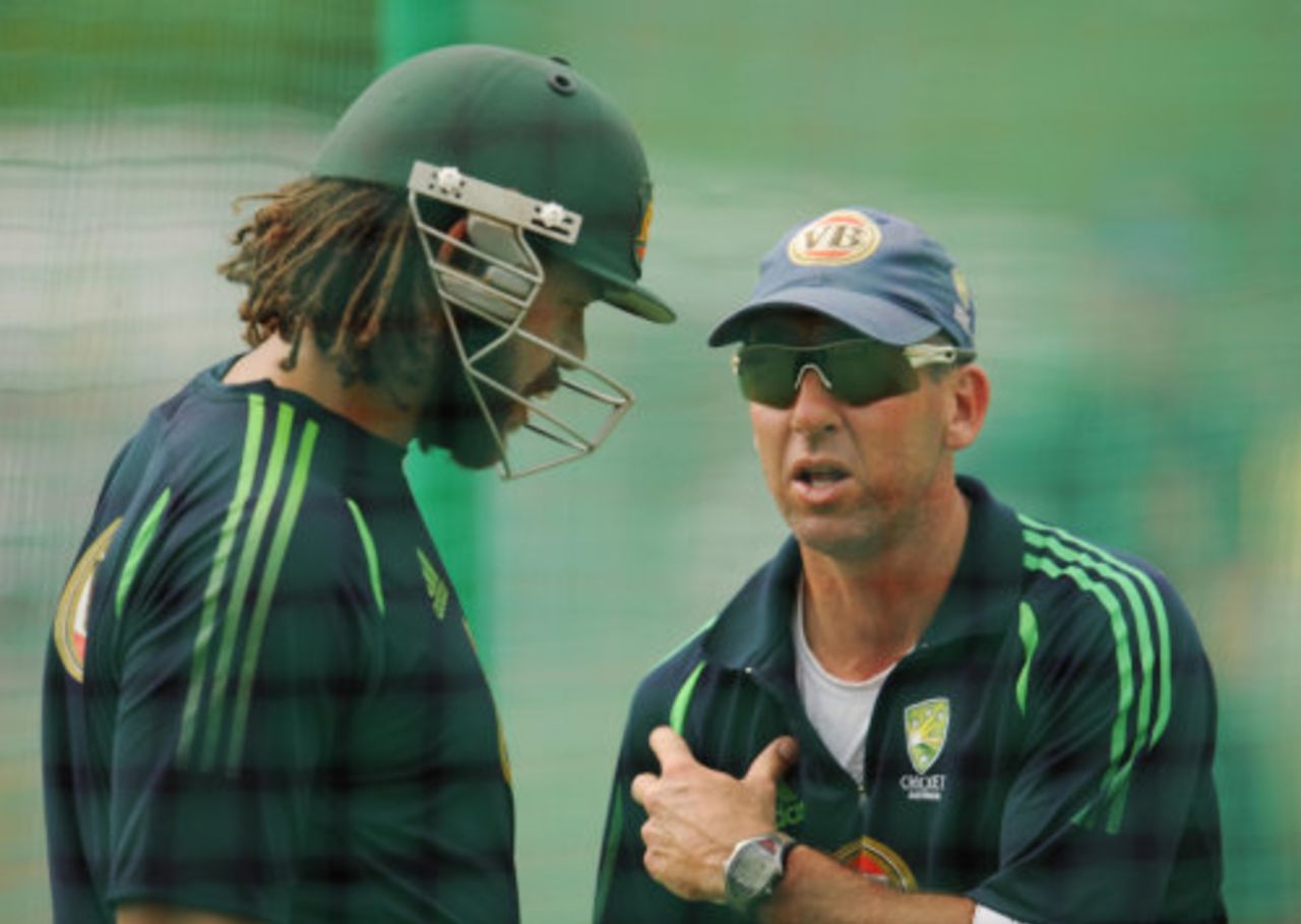 Andrew Symonds gets tips from coach Tim Nielsen, Grenada, June 26, 2008 