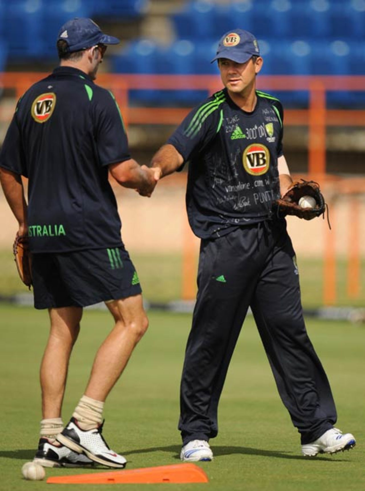 Michael Hussey congratulates Ricky Ponting ahead of his 300th one-day international, West Indies v Australia, 2nd ODI, Grenada, June 27, 2008