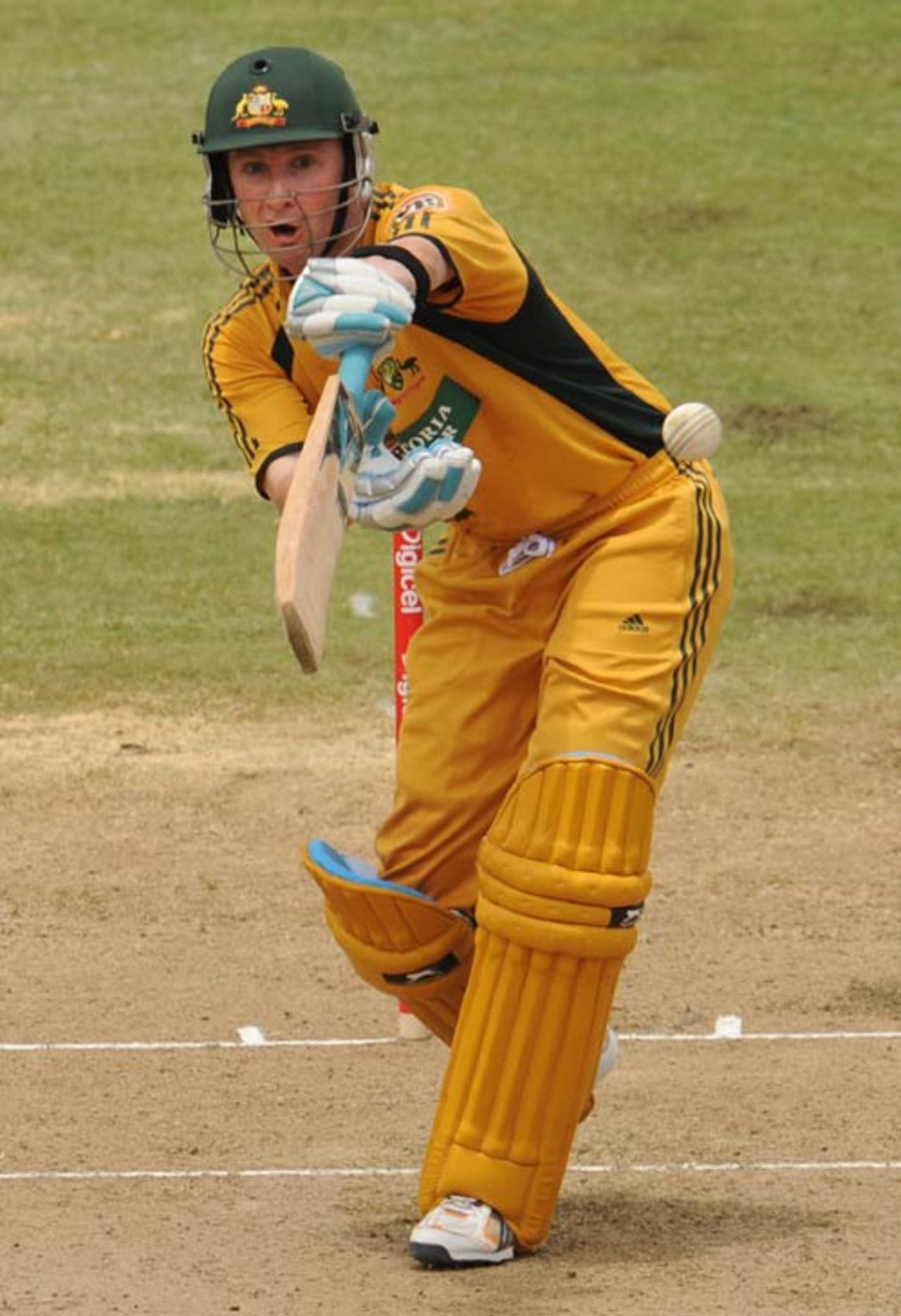 Michael Clarke tries to drive on his way to a half-century, West Indies v Australia, 2nd ODI, Grenada, June 27, 2008