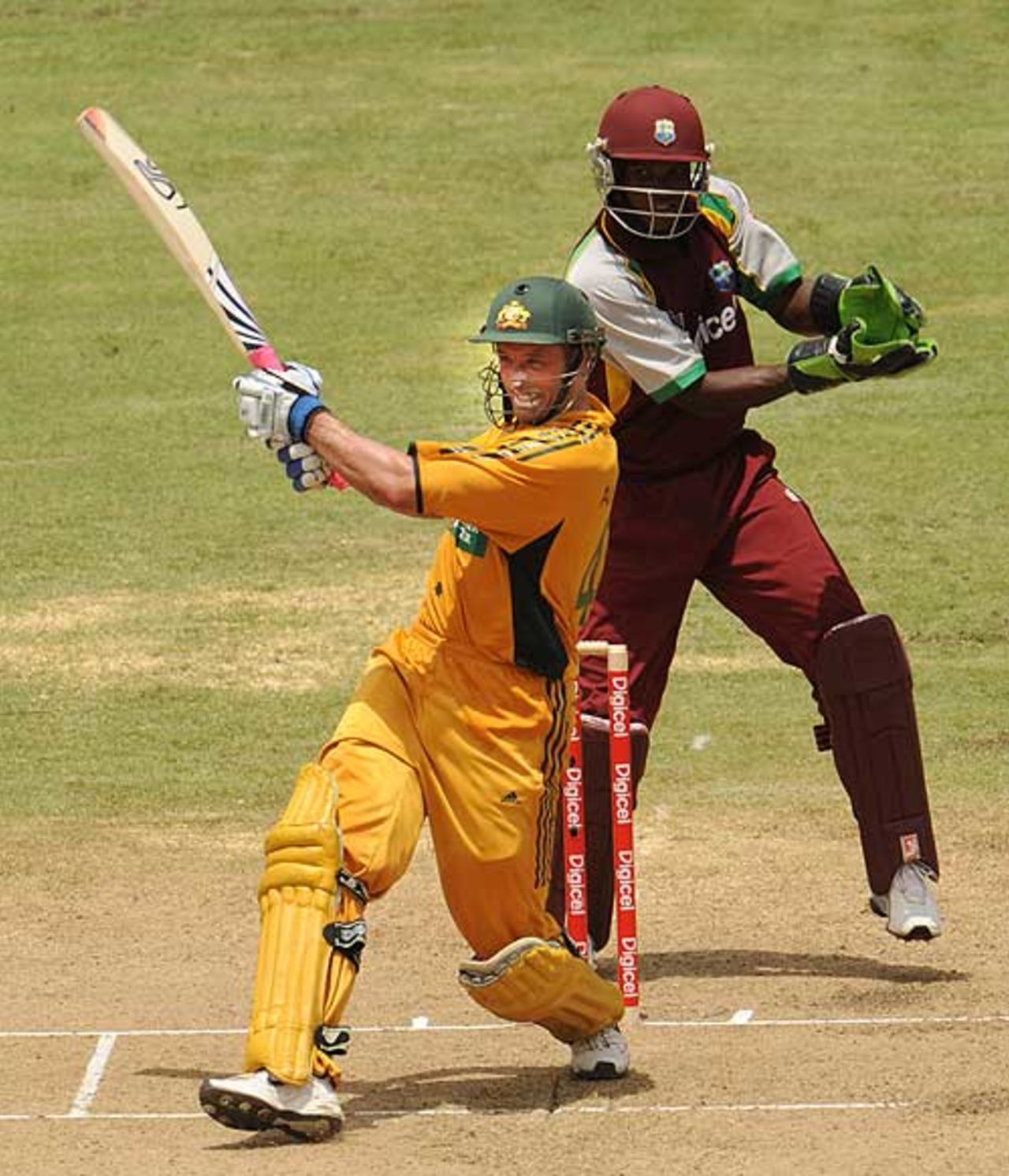 Michael Hussey goes onto the offensive during an otherwise obdurate 62, West Indies v Australia, 2nd ODI, Grenada, June 27, 2008