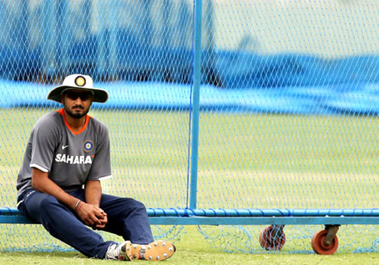 Harbhajan Singh takes a break during training, Bangalore, June 28, 2008