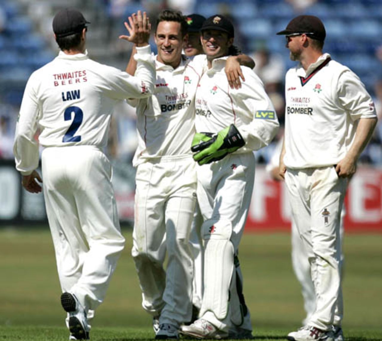 Francois du Plessis is congratulated on the wicket of Robin Martin-Jenkins, Sussex v Lancashire, County Championship, Hove, 1st day, June 29, 2008