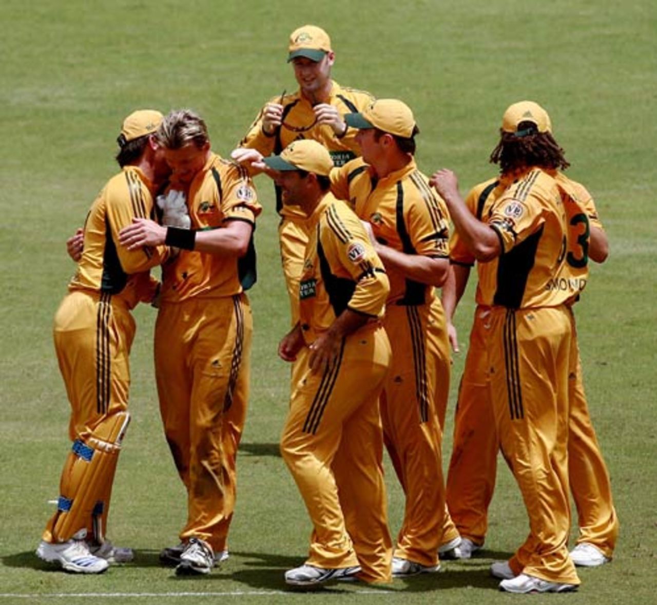 Brett Lee's team-mates congratulate him on his 300th ODI wicket, West Indies v Australia, 3rd ODI, Grenada, June 29, 2008