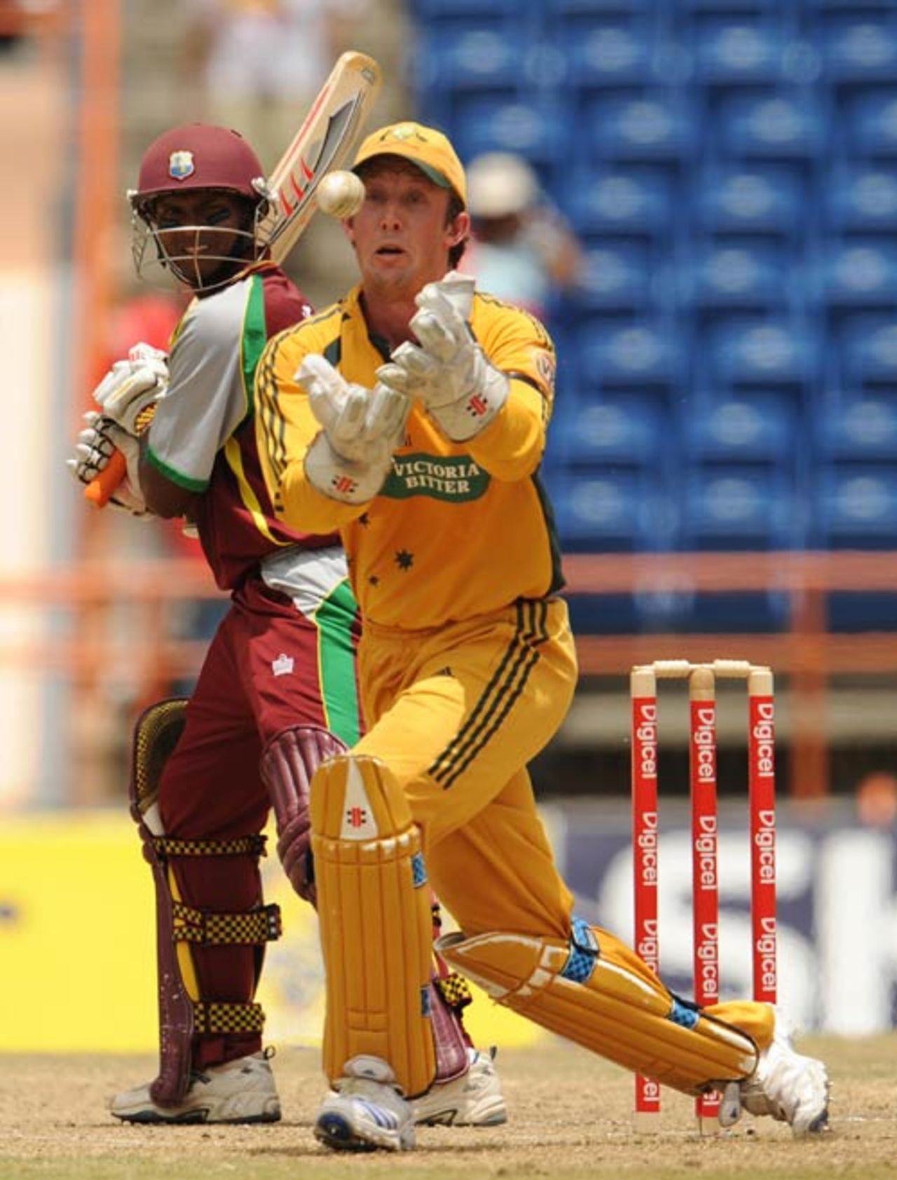 Luke Ronchi completes a chance on the second grab to remove Shivnarine Chanderpaul, West Indies v Australia, 3rd ODI, Grenada, June 29, 2008