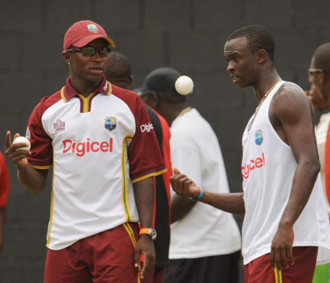 Fidel Edwards and Kemar Roach prepare to bowl at a net session, St Kitts, July 2, 2008